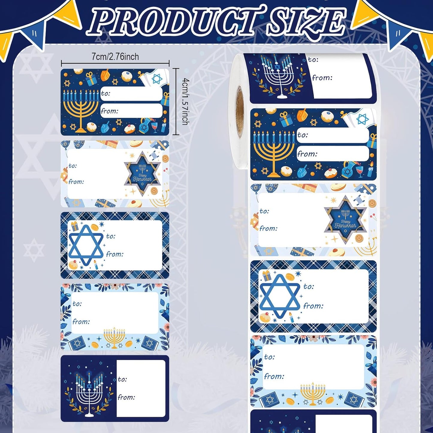 Outus 500 Pieces Christmas Tags Self Adhesive Gift Tags for Xmas Presents Christmas Name Labels Stickers for Wrapping Paper Festival Birthday Holiday Decor(Hanukkah Style,2.76 x 1.57 Inch)