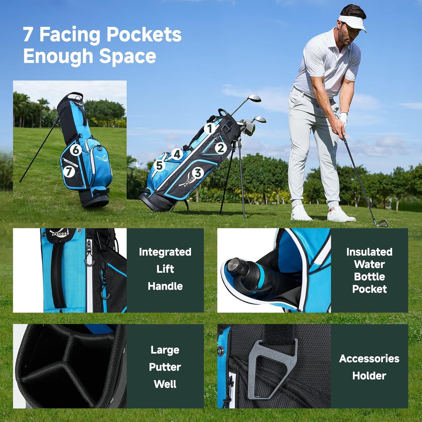 Golf Stand Bag with 4 Way Full Length Dividers, 4.4 Lbs Lightweight Golf Bag for Men Women, Waterproof Golf Carry Bags w/Stand, 7 Pockets & Cooler Pouch, Dual Straps, Rain Hood