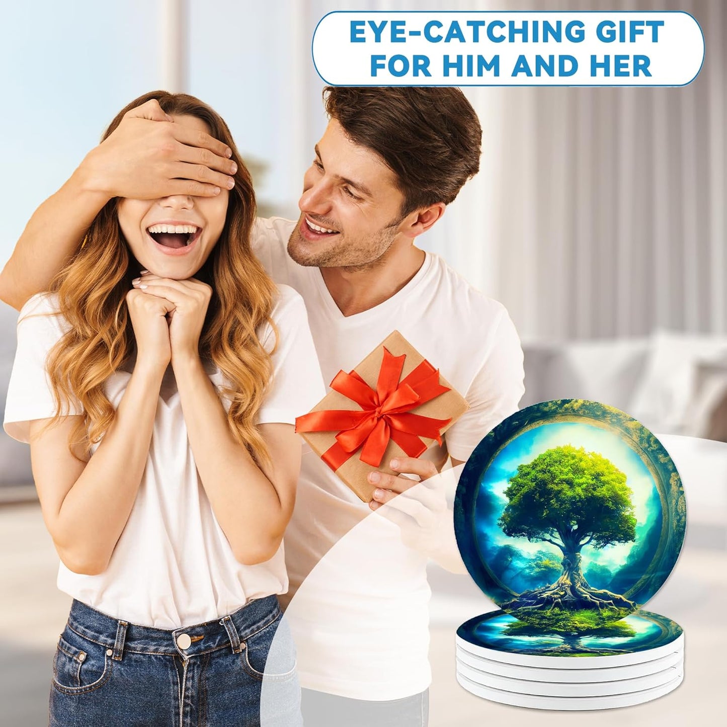 Coasters Set of 4, Magic Green Round 4" Ceramic & Cork Coasters, Absorbent, Ideal for Table Home Decor & Gifts