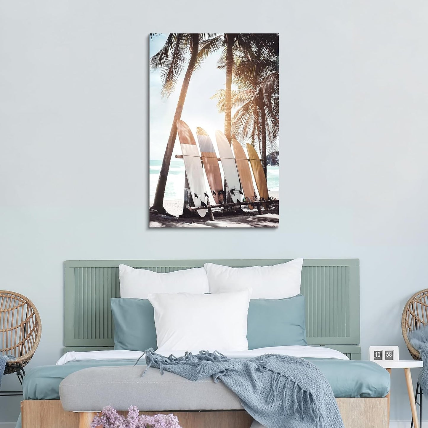 Hardy Gallery Palm Tree Wall Art Surfboard Pictures: Beach Scene Painting Coastal Wall Decor Seaside Artwork Surfing Ocean Print in Beach Canvas for Bedroom 36"x24"