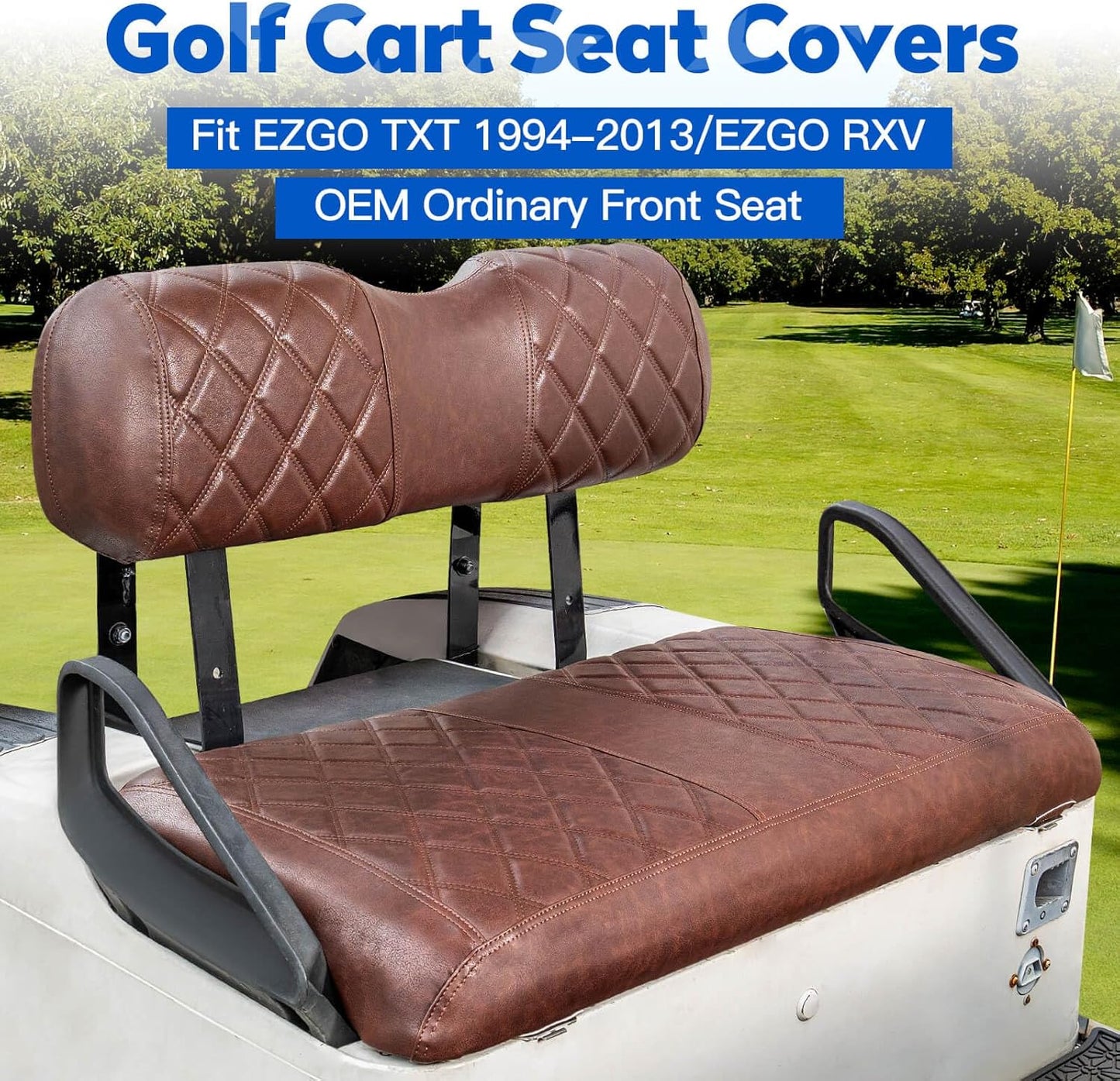 NOKINS 4PCS Golf Cart Diamond Seat Covers Kit, Front&Rear Seat Covers Fits EZGO TXT 1994-2013/EZGO RXV Standard Seat Cushion, EZGO Vinyl Seat Cover Accessories, No Staples(Brown Brown 8438)