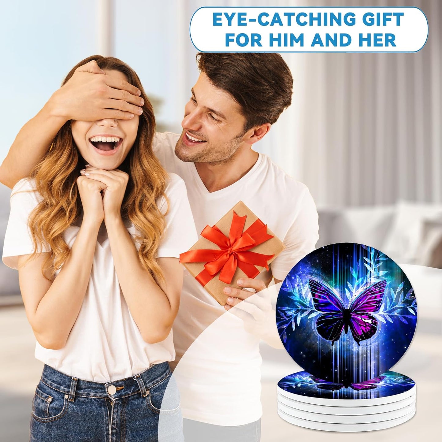 Drinks Coasters Set of 4, Magic Butterfly Round 4" Cup Coasters, Absorbent Ceramic Stone Coasters with Cork Base, Cute Coasters for Table Home Décor, Ideal Gifts for Women Men