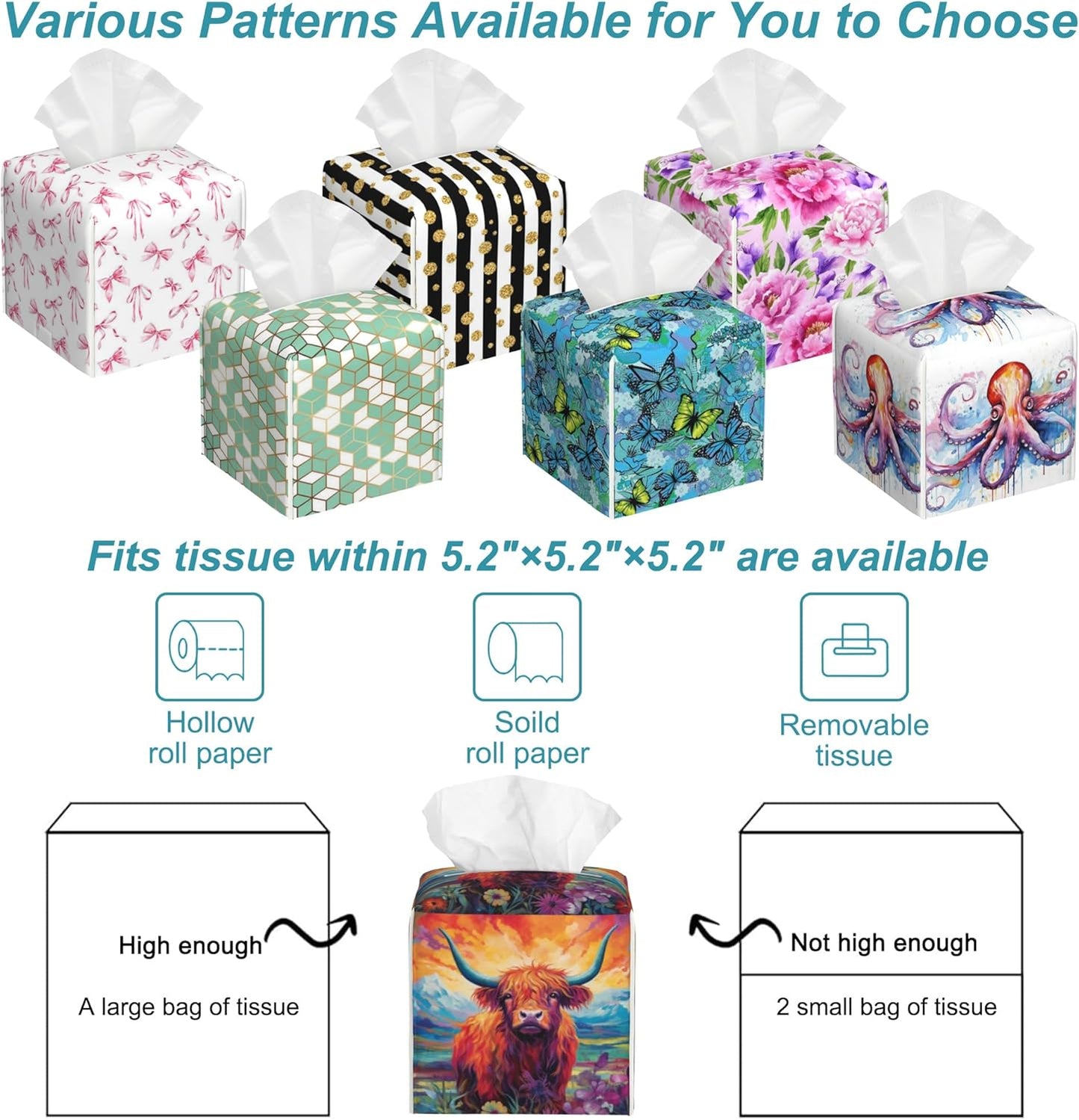 Watercolor Highland Cow Leather Tissue Holder,Mountain Flowers Square Tissue Box Cover,Modern Decorative Facial Tissue Paper Cover for Car Bedroom Nightstand Vanity Desk Office,5.2" x 5.2" x 5.2"