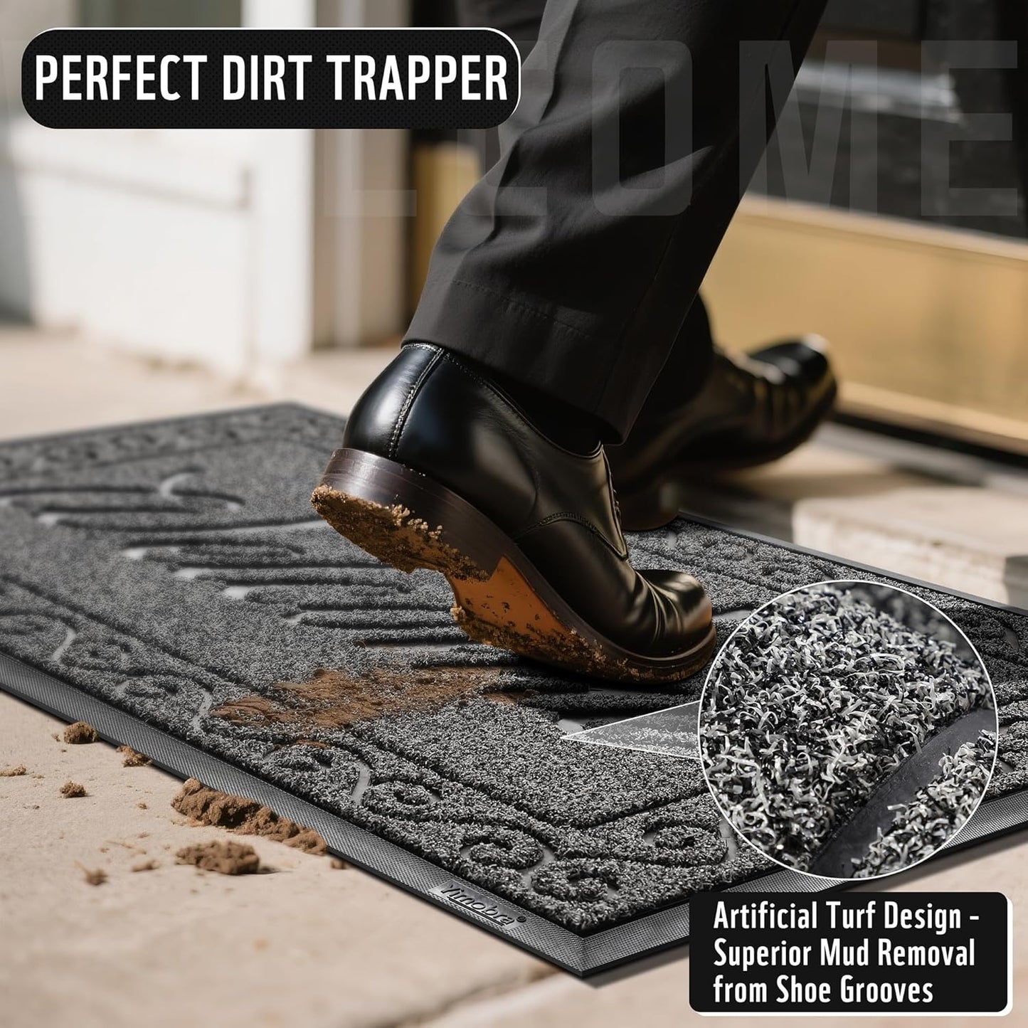 Yimobra Welcome Mat, Heavy Duty Sturdy Door Mats for Home Entrance Outdoor Indoor, Front Doormat for Outside Patio Floor Entry Porch Garage Office, Waterproof, Low Profile, 47 x 24, Black Grey