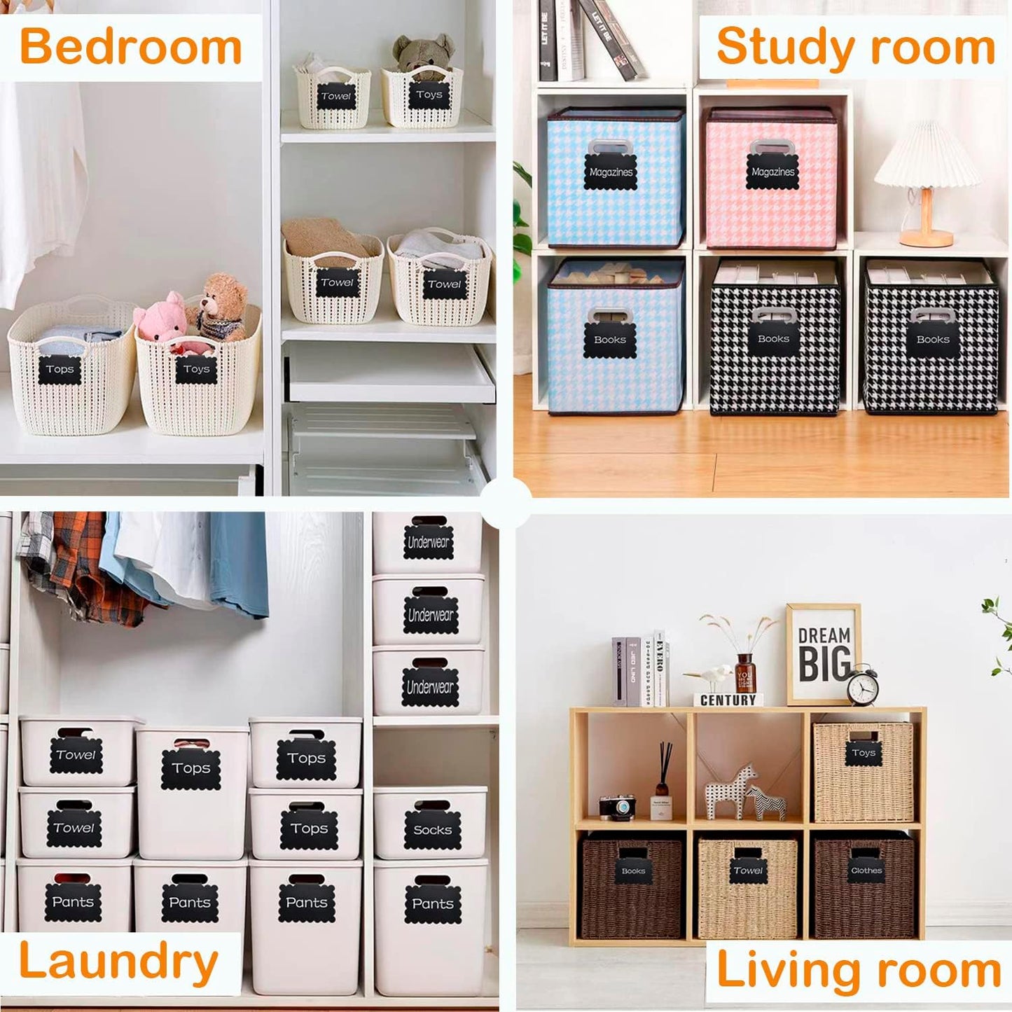 20 Reusable Basket Labels with Clip-On Design, Perfect for Kitchen and Closet Organization, Includes 2 White Chalk Markers