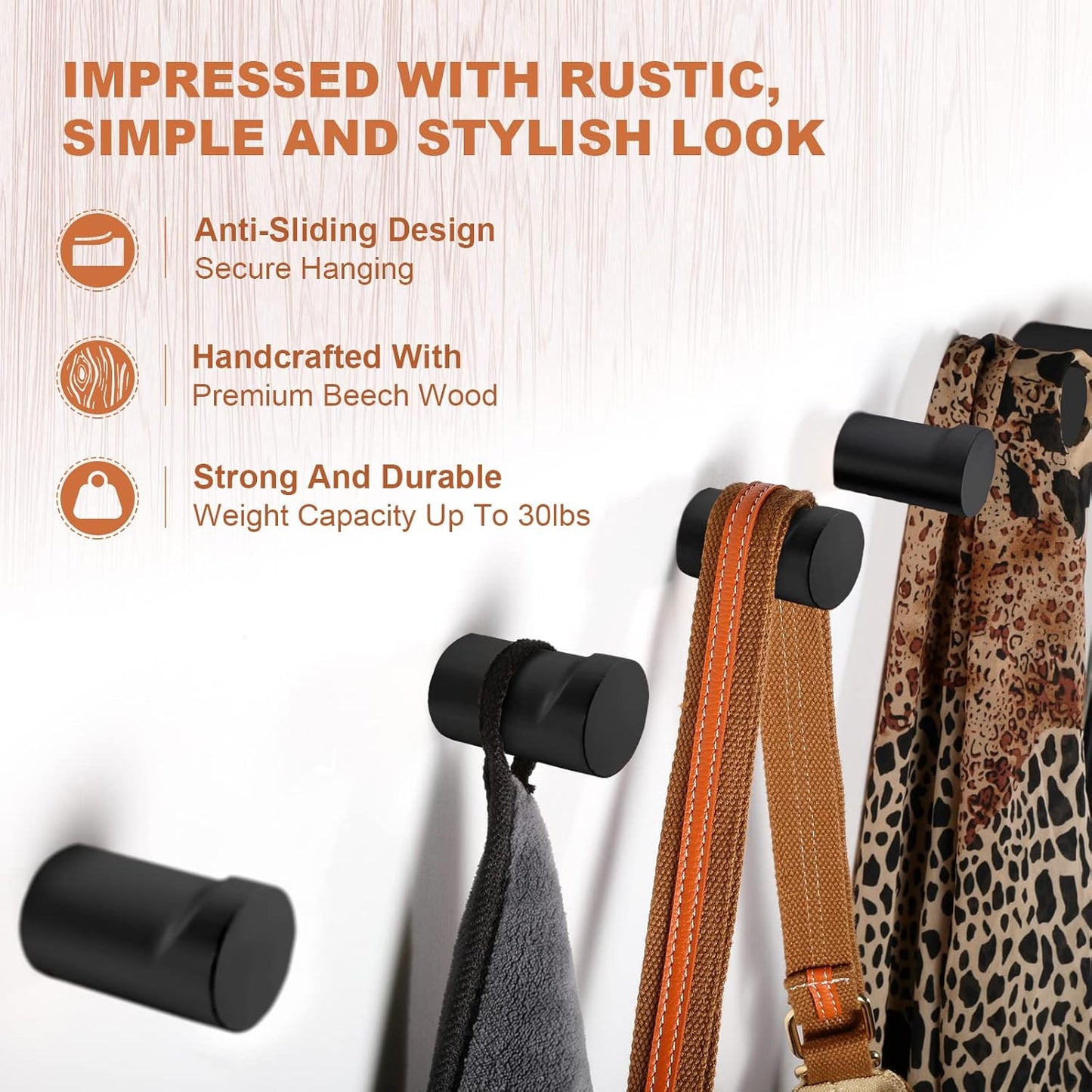 12 Pack Wood Wall Hooks, Black Decorative Coat Hooks Wall Mounted, Heavy Duty Entryway Hat Hooks Wall Hangers for Hanging Purse, Towels, Clothes, Backpack