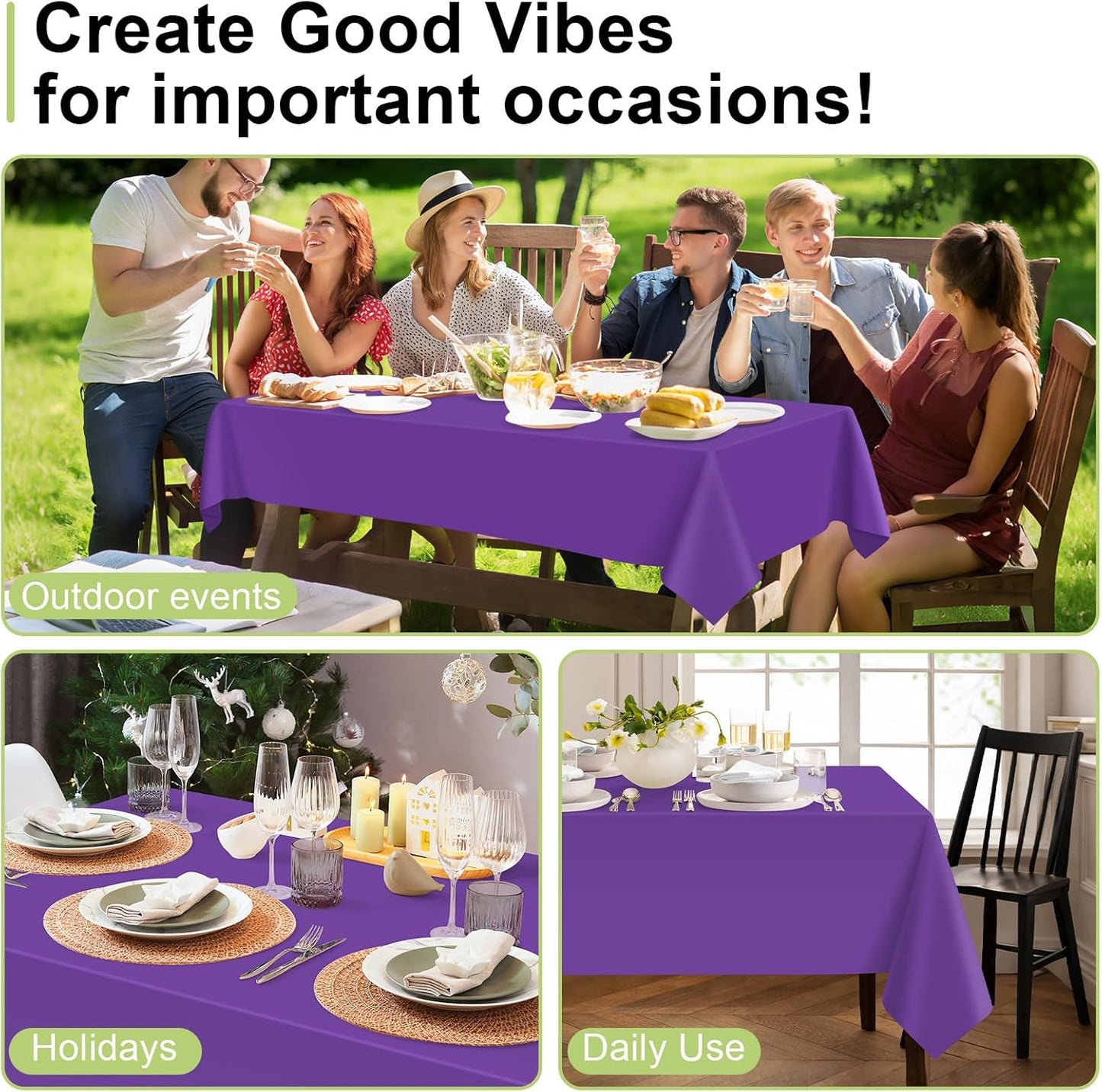 QIKSION Plastic Table Cloth Disposable 2 Pack, 54 x 108 Inch Tablecloths for Rectangle Tables, Purple Plastic Table Cover