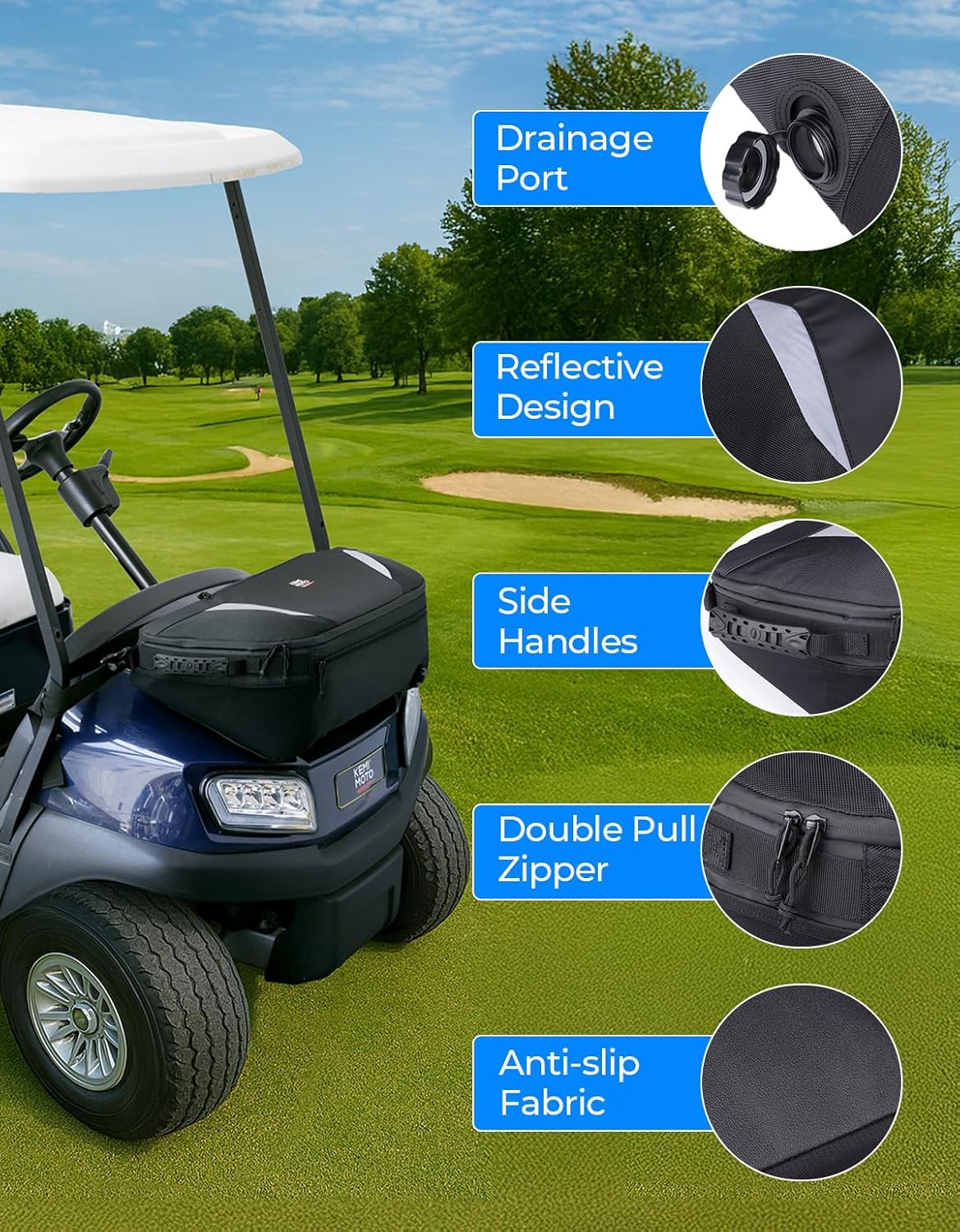KEMIMOTO Golf Cart Cooler Bag, Fits 20-30 11oz Cans, Insulated with Drain Plug, Reflective Finish, Handy Pockets, Golf Cart Accessories Gifts for Golfers Men, Compatible with EZGO Club Car