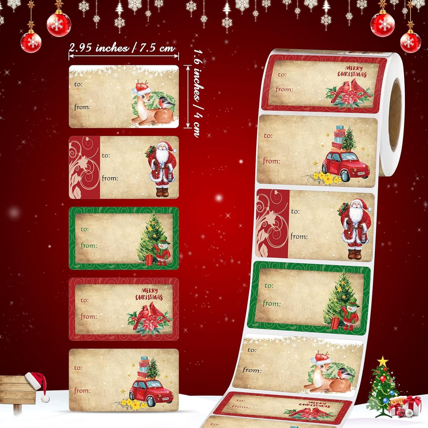 Outus 500 Pieces Christmas Tags Self Adhesive Gift Tags for Xmas Presents Christmas Name Labels Stickers for Wrapping Paper Festival Birthday Holiday Decor(Watercolor Style,2.95 x 1.6 Inch)