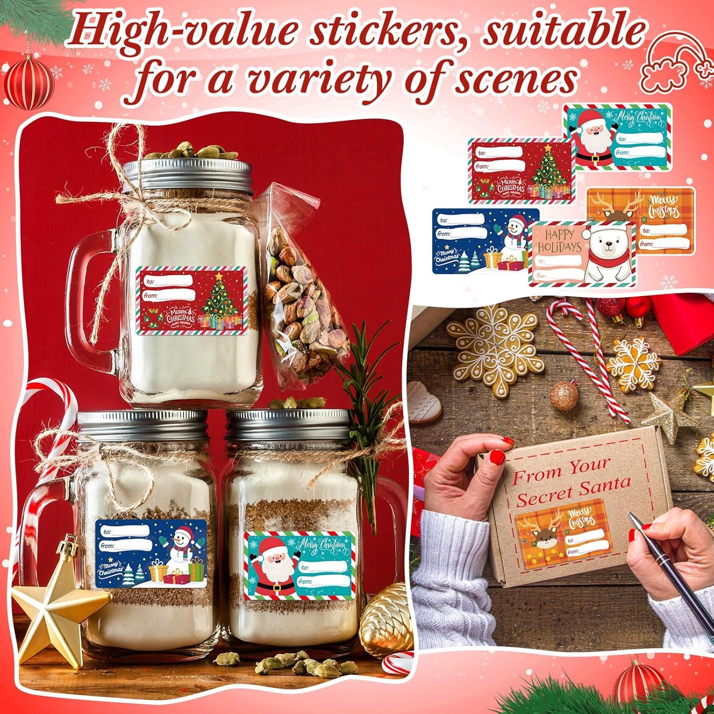 Outus 500 Pieces Christmas Tags Self Adhesive Gift Tags for Xmas Presents Christmas Name Labels Stickers for Wrapping Paper Festival Birthday Holiday Decor (Multicolor Style,2.76 x 1.57 Inch)