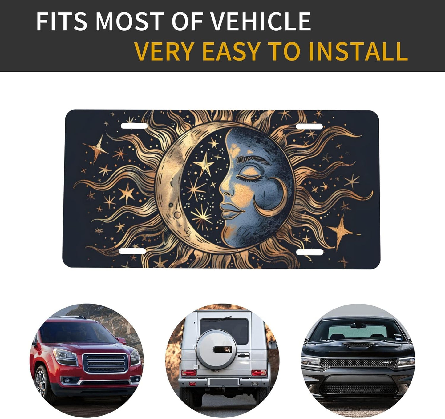 Front License Plate for Car Designs Galaxy Black Sun Moon Stainless License Plate Cover Holder for Men Women Metal Aluminum Decorative Accessory Vanity Tag Standard 6 X 12 Inch (4 Holes)
