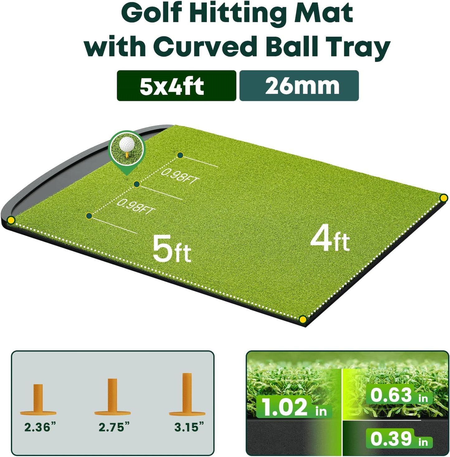 Integrated Golf Hitting Mat with Curved Ball Tray 5x4ft 6x4ft 26mm 31mm Thickening Golf Practice Mats Indoor & Outdoor, Durable Golf Turf Matt with 3 Tees for Hitting Chipping Striking, Swinging
