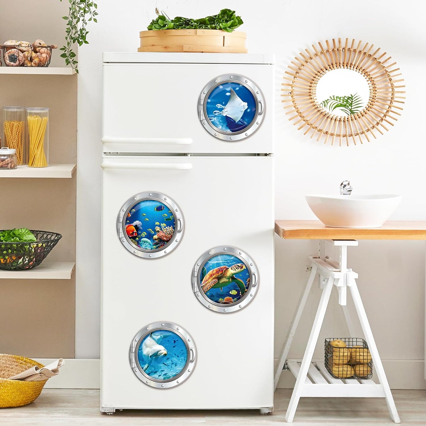 Cruise Ship Door Decorations Magnetic, 4 Pcs Large Porthole Sea Turtle Dolphin Ray Tropical Fish Cruise Magnets, Sea Animals Magnetic Ship Cabin Door Signs Fridge Decor