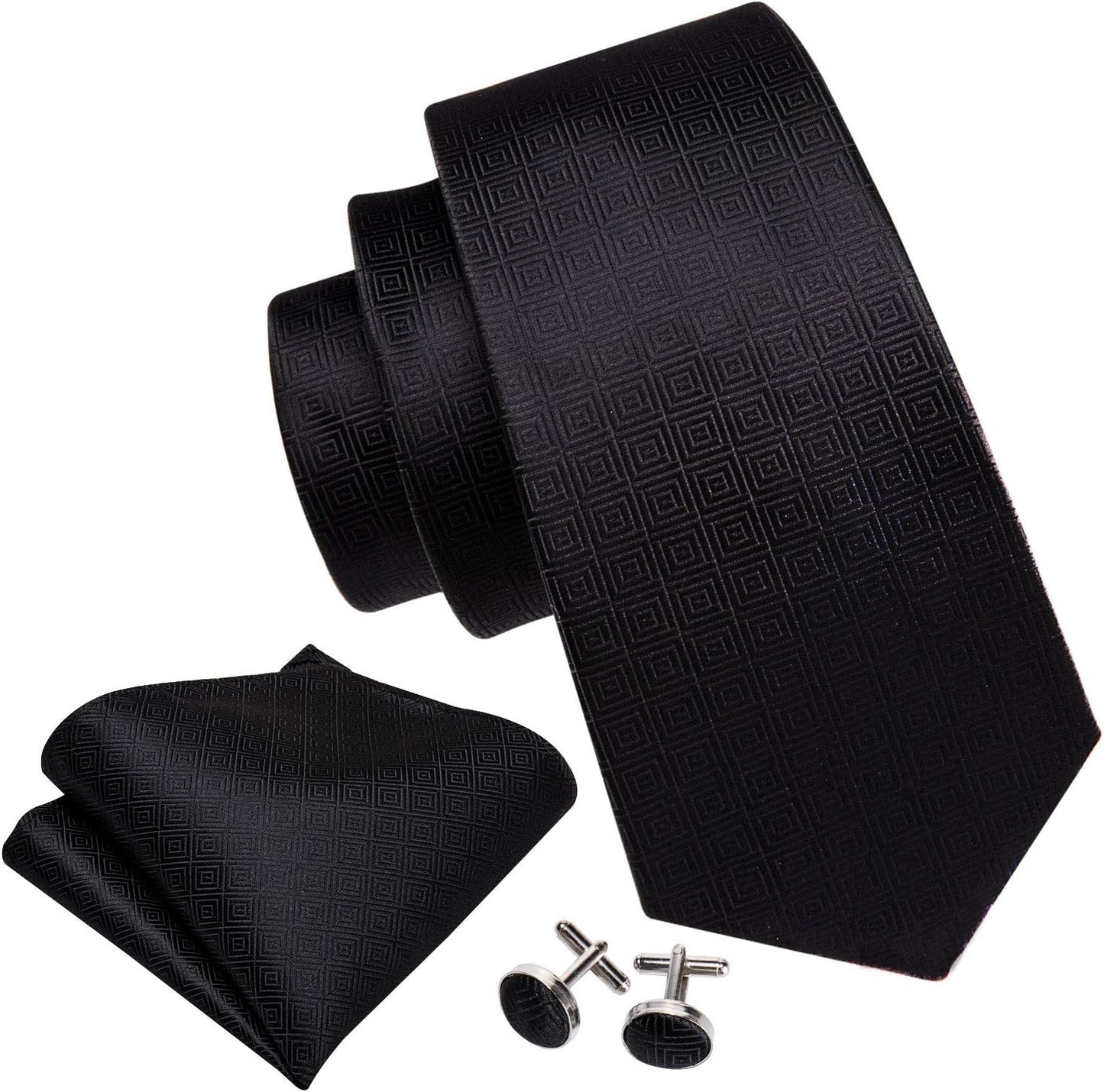 Barry.Wang Designer Classic Ties for Men Set Formal Pocket Square Cufflink Check Plaid