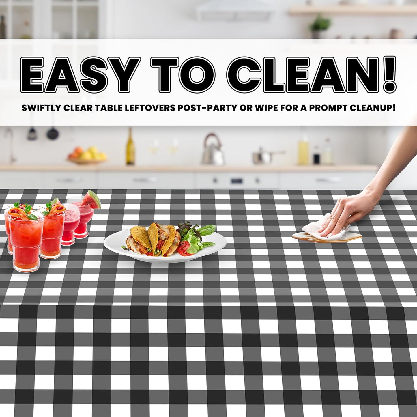 Grandipity 12 Pack Premium Disposable Plastic Tablecloth 54 Inch. x 108 Inch. Decorative Rectangle Checkered Table Cover - Black Checkered Gingham