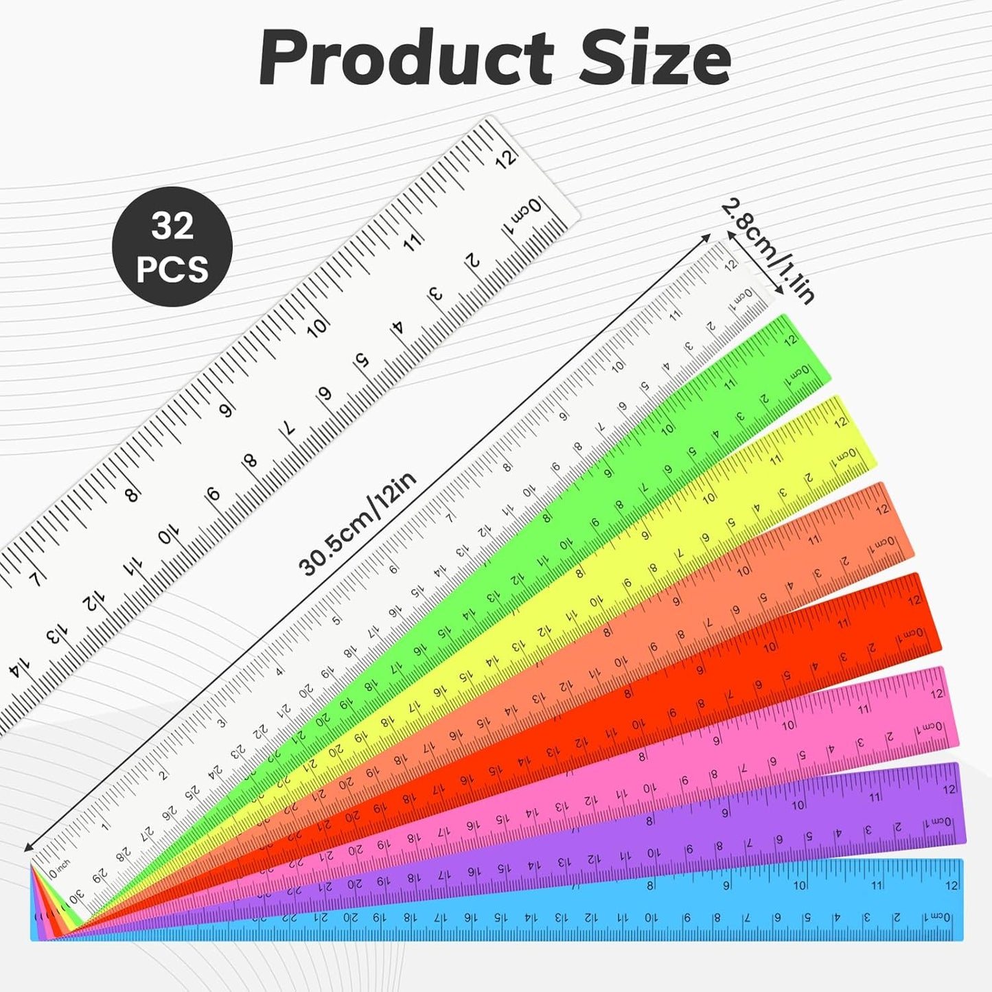 32PCS Colorful Plastic Ruler 12 Inch with Centimeter and Millimeter, Transparent Assorted Color Metric Rulers Bulk Measuring Drawing Tool Home Office Supplies