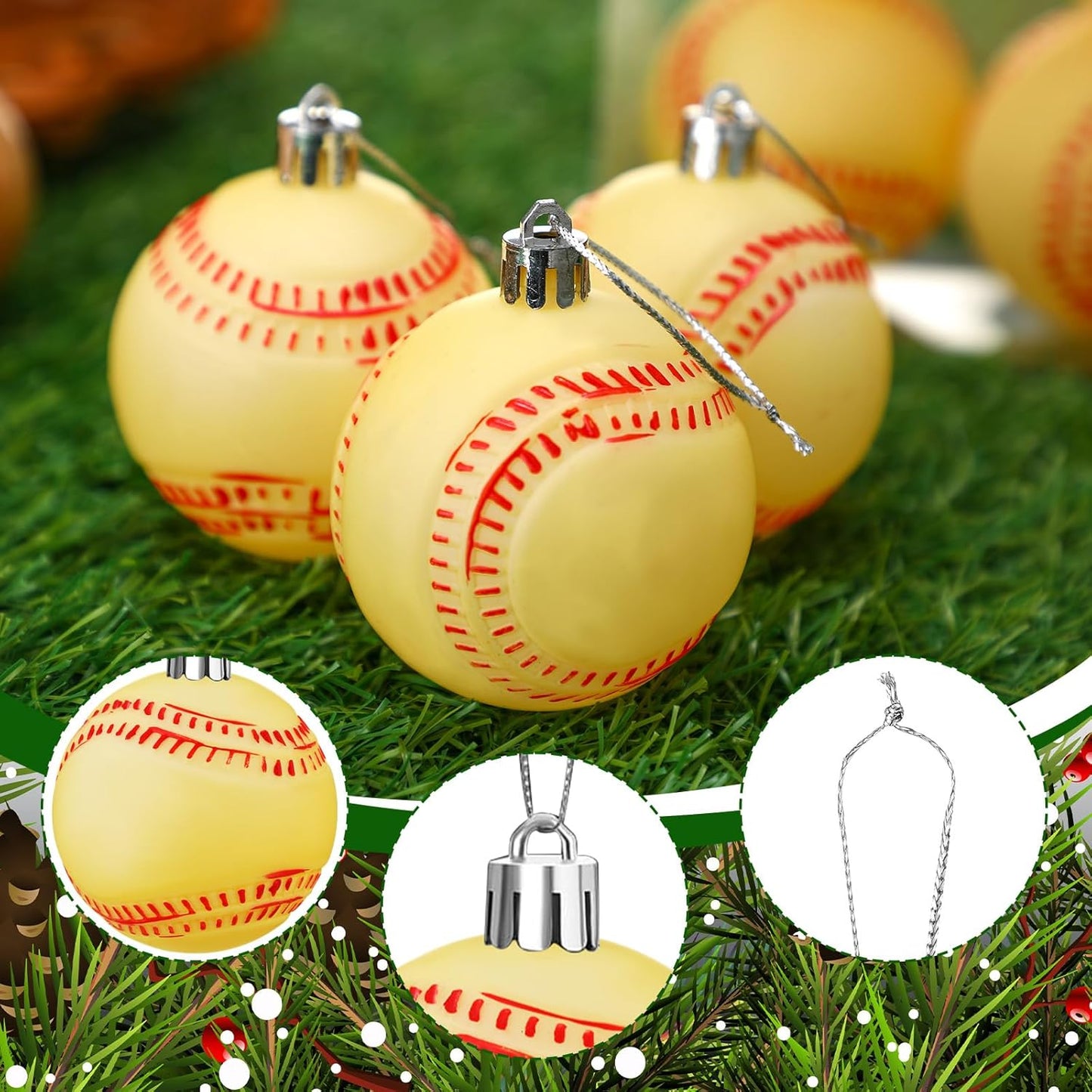 Leitee 12 Pcs Christmas Plastic Softball 2.36 Inch Xmas Tree Ornaments with Hanging Loop Sports Theme Decorative Hanging Ornaments for Holiday Party Christmas Tree Home