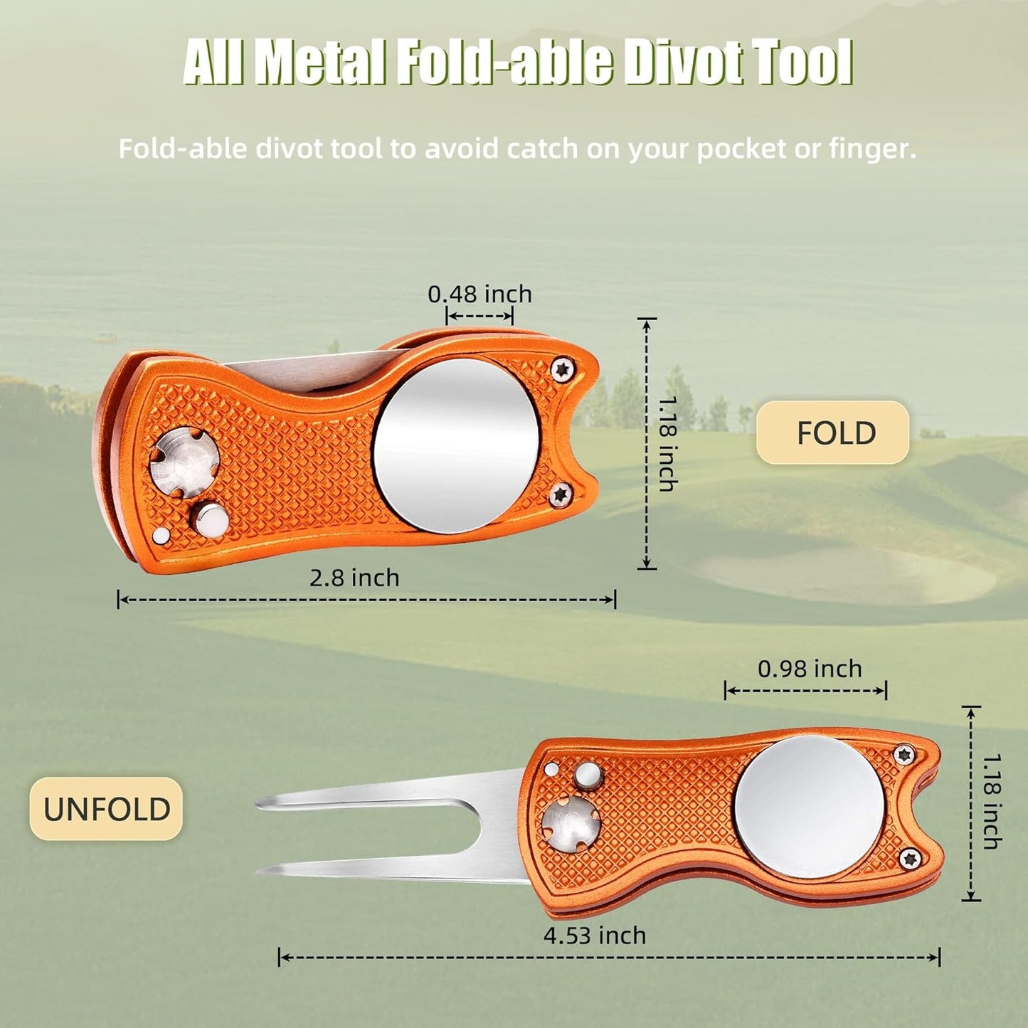 Mile High Life Golf Divot Repair Tool, All Metal Foldable Divot Tool with Pop-up Button & Magnetic Ball Marker, 2-6 Pack