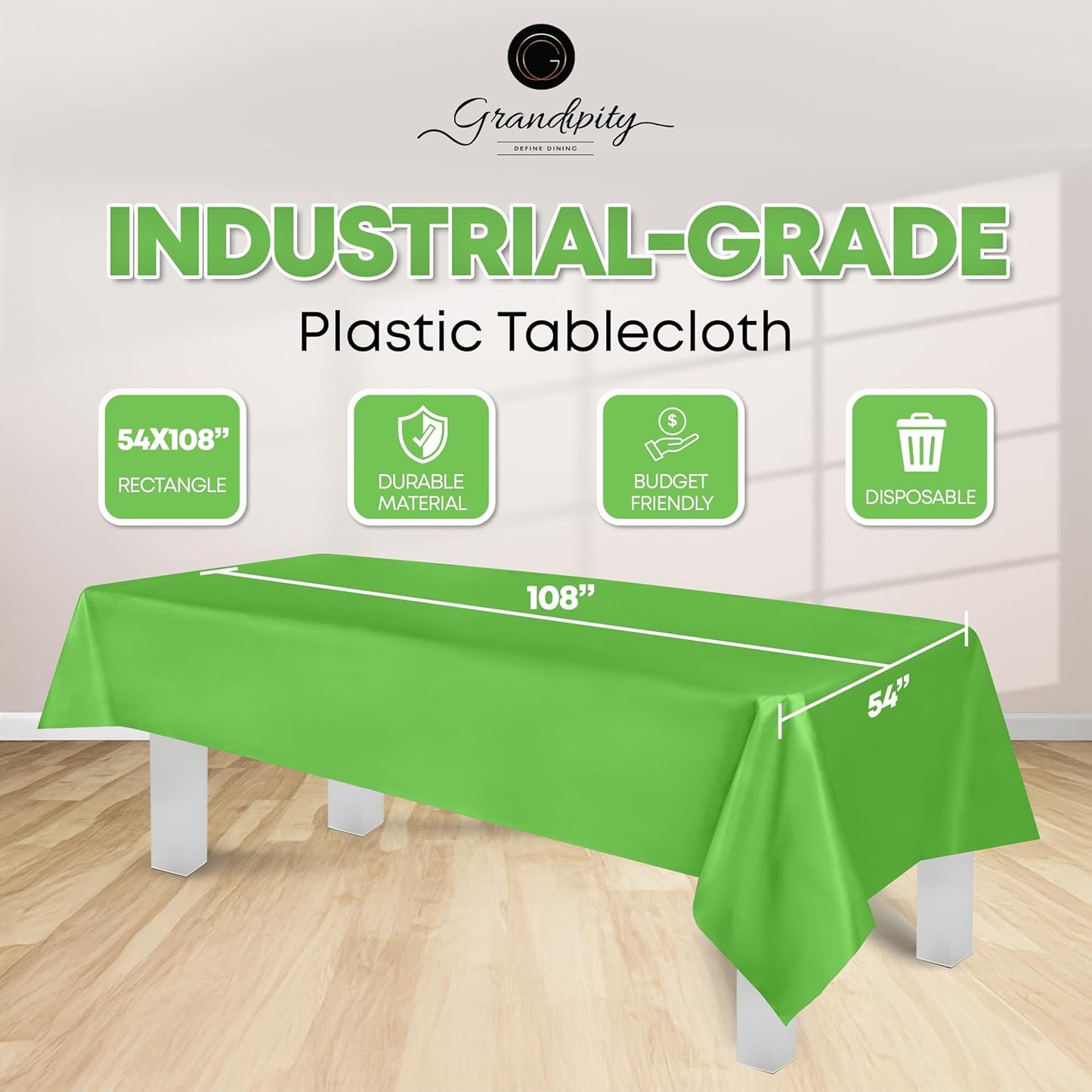 Grandipity 12 Pack Premium Disposable Plastic Tablecloth 54 Inch. x 108 Inch. Decorative Rectangle Table Cover - Lime Green