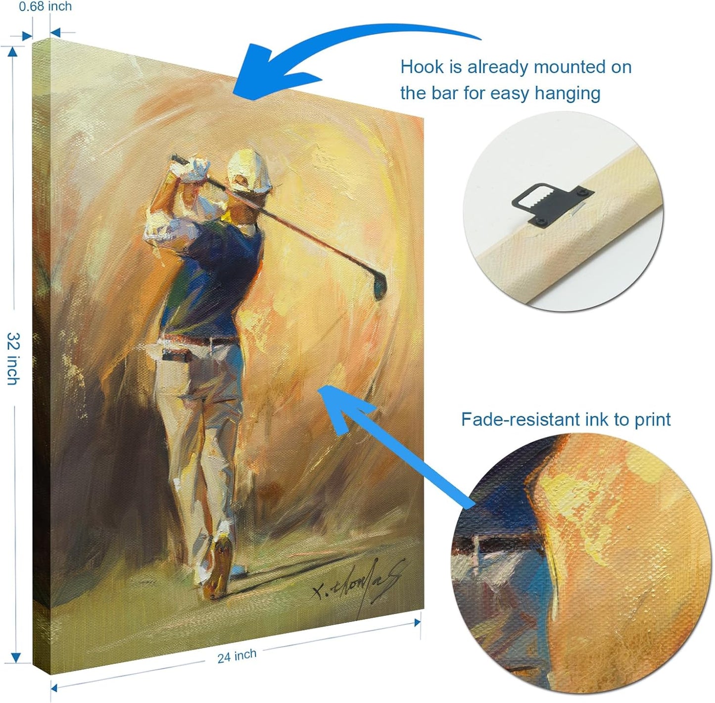 JZLDZS Large Golf Canvas Wall Art Framed Sports Theme Painting Print Pictures Wall Decor for Bedroom Office Man Cave Living Room, 24x32 Inch Yellow