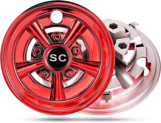 HUNCHENXIANG Golf Cart SS Wheel Covers for EZGO, Club Car, Yamaha Par Car- 8 Inch Chrome Hub Caps Set of 4 (Red)