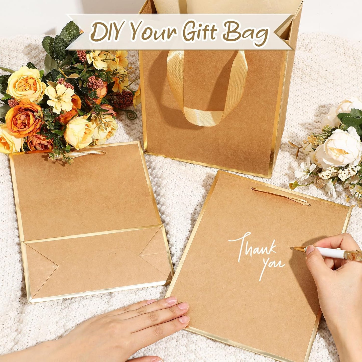 Yeaqee 24 Pack Metallic Paper Gift Bags with Handle and Tissue 9x7x3.1 Gold Foil Welcome Favor Bags Return Gifts for Wedding Fall 5 Senses Christmas Bridesmaid Birthday(Kraft, Gold)