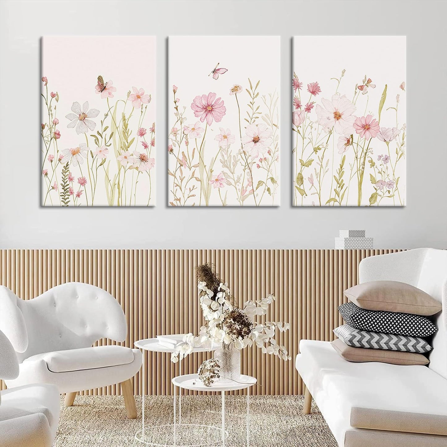 MTFBWY Floral Canvas Wall Art Flower Framed Art Prints Set of 3 Pink Wildflower Printing Botanical Nursery Pictures Wall Decor Artwork for Living Room Bedroom Bathroom 12x16in