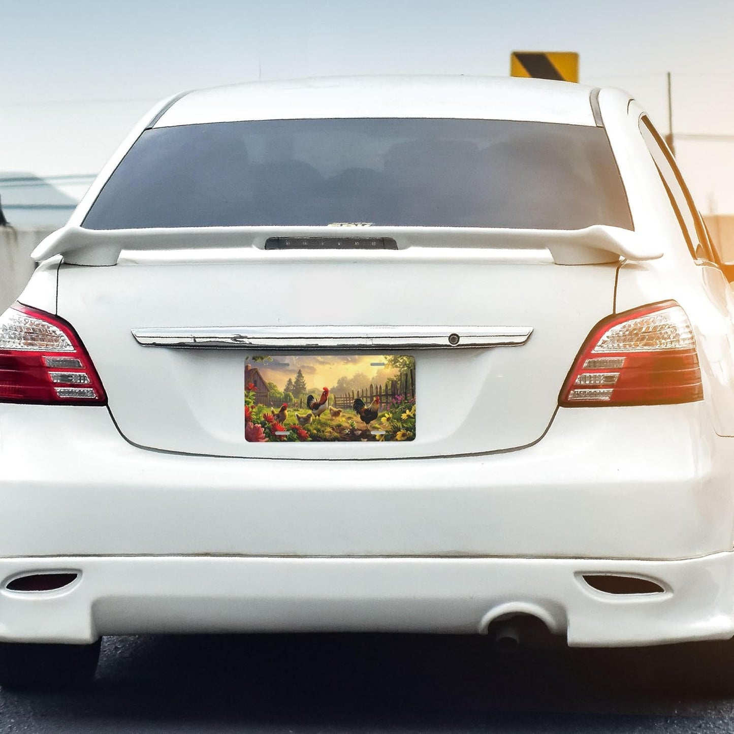 Rustic Flower Animal Chicken Front License Plate for Car Designs Stainless License Plate Cover Holder for Men Women Metal Aluminum Decorative Accessory Vanity Tag Standard 6 X 12 Inch (4 Holes)