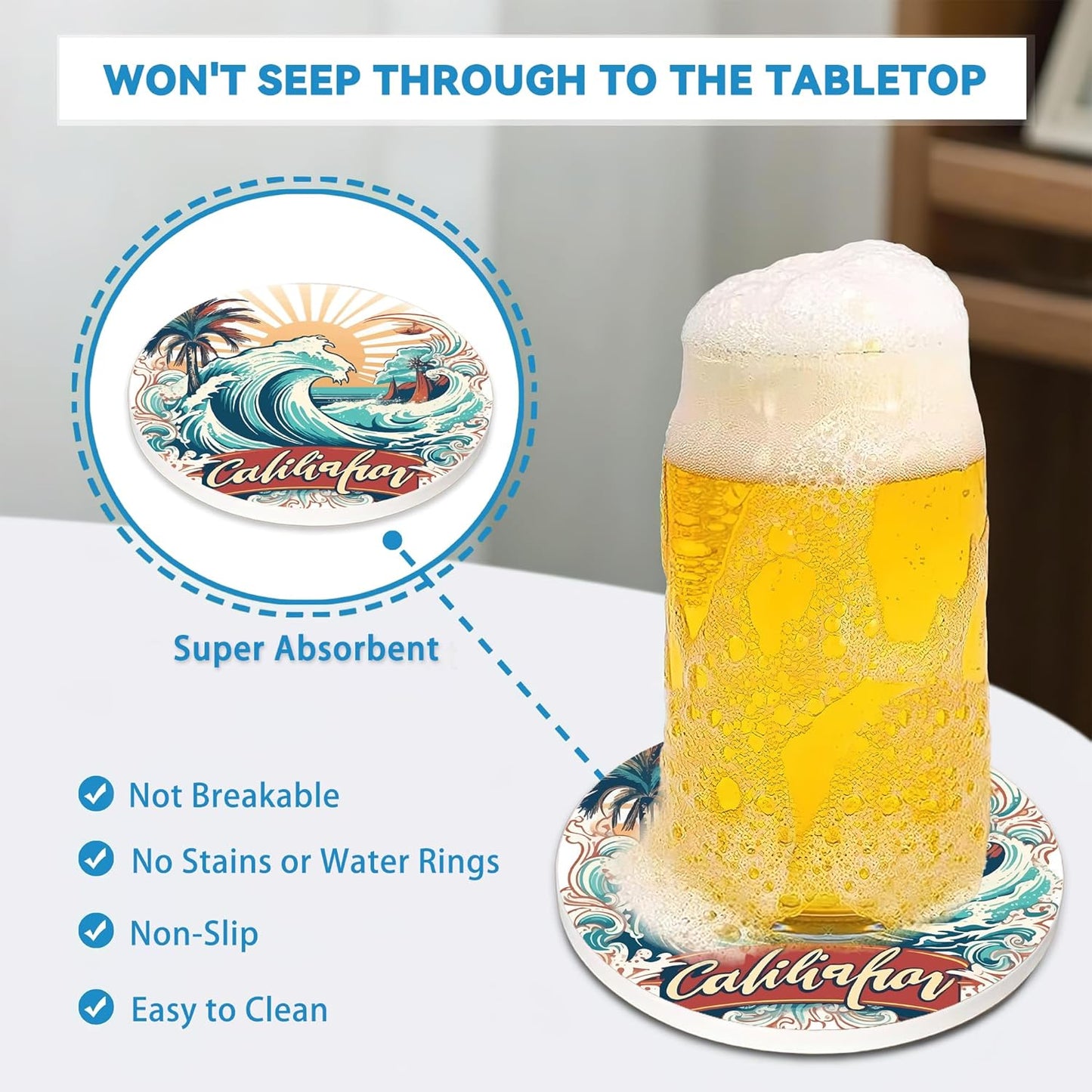 Drinks Coasters Set of 4, California Beach Round 4" Cup Coasters, Absorbent Ceramic Stone Coasters with Cork Base, Cute Coasters for Table Home Décor, Ideal Gifts for Women Men