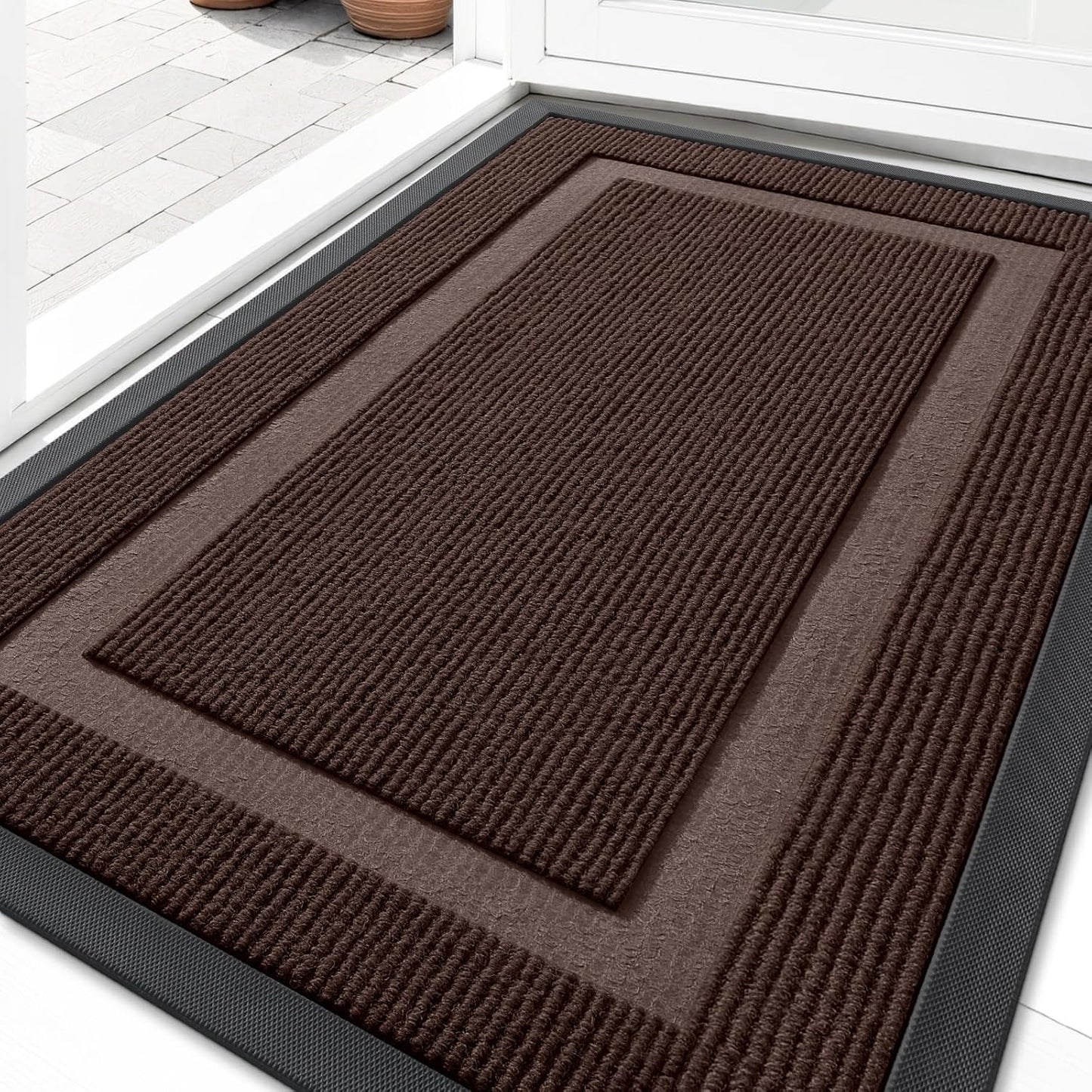 OLANLY Front Door Mat Indoor Outdoor Entrance, Waterproof All-Season, All-Weather Doormat, Sturdy Natural Rubber, Fade Resistant, Low Profile, Easy Clean Patio Porch Entryway Mat, 35x23, Dark Brown