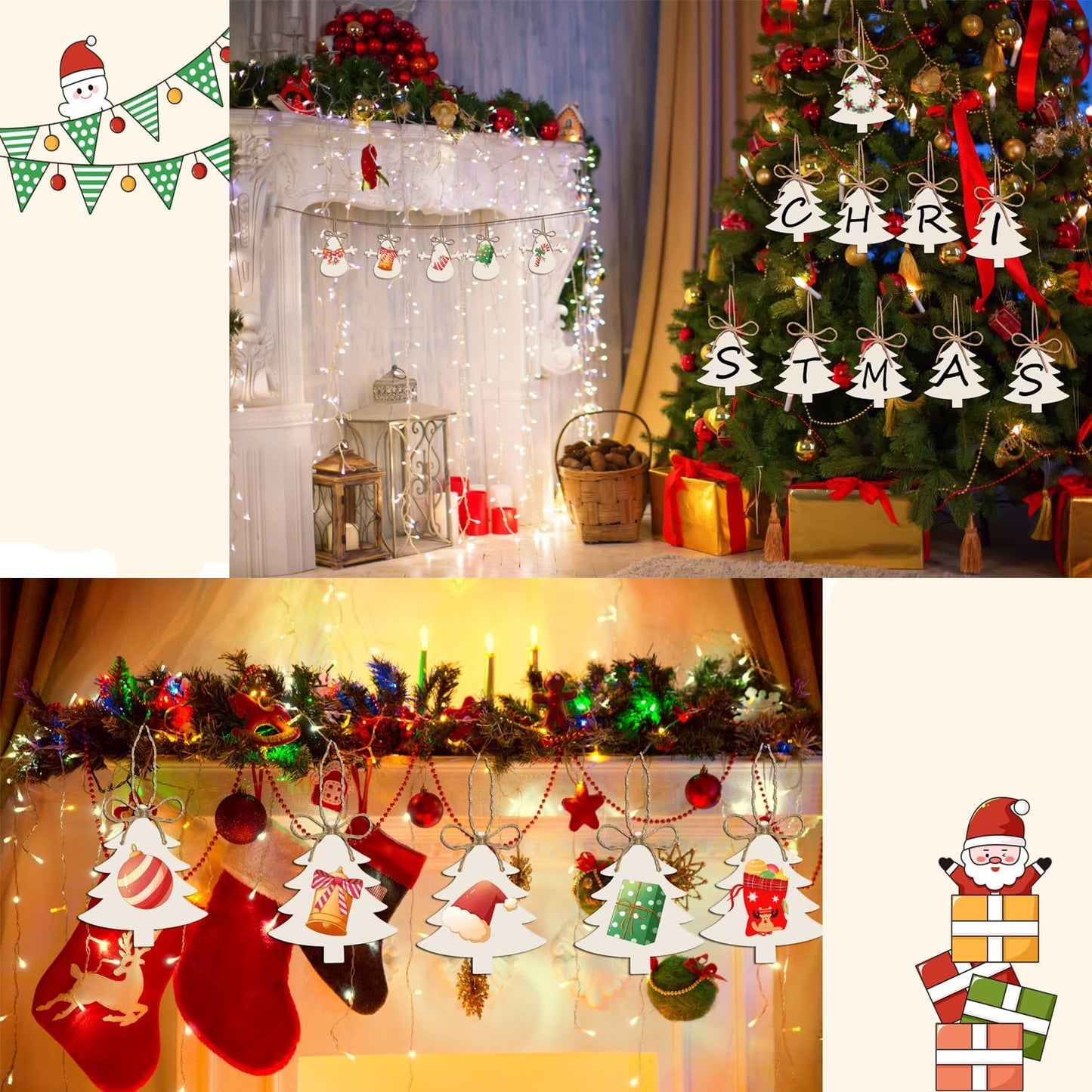 50PCS Unfinished Wood kit with Holes, Wood Slice for DIY Crafts, Blank Tree Wood Cutouts Wooden Tags Ornaments for Sign Gift Tags, Christmas Decorations Outdoor Indoor Decor (Christmas Tree Shape)