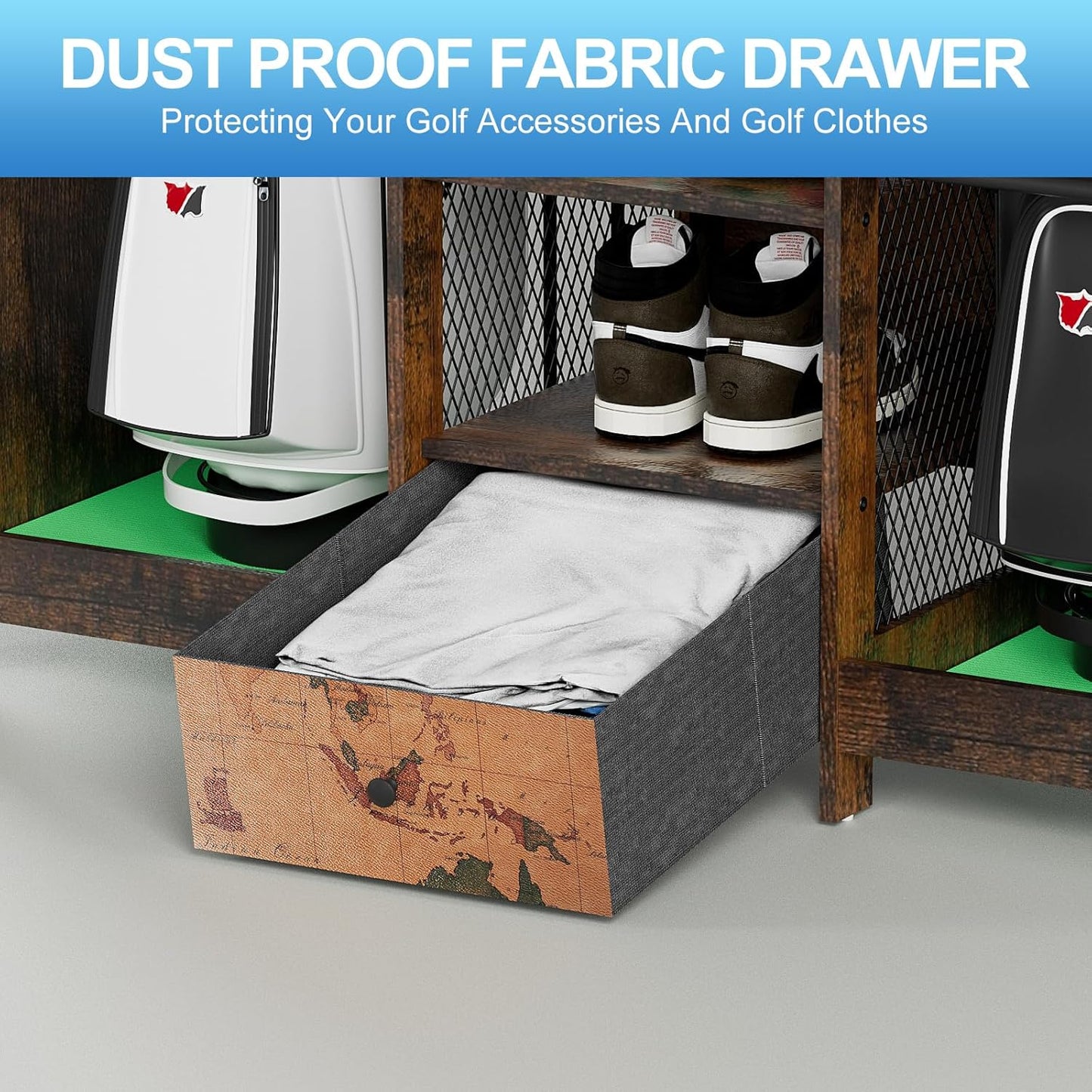 Golf Bag Storage Organizer for Garage, Premium Wooden 2 Golf Bags Rack with Drawer, Easy Assemble Golf Club Stand/Holder Suitable for Garage Home Simulator and Office