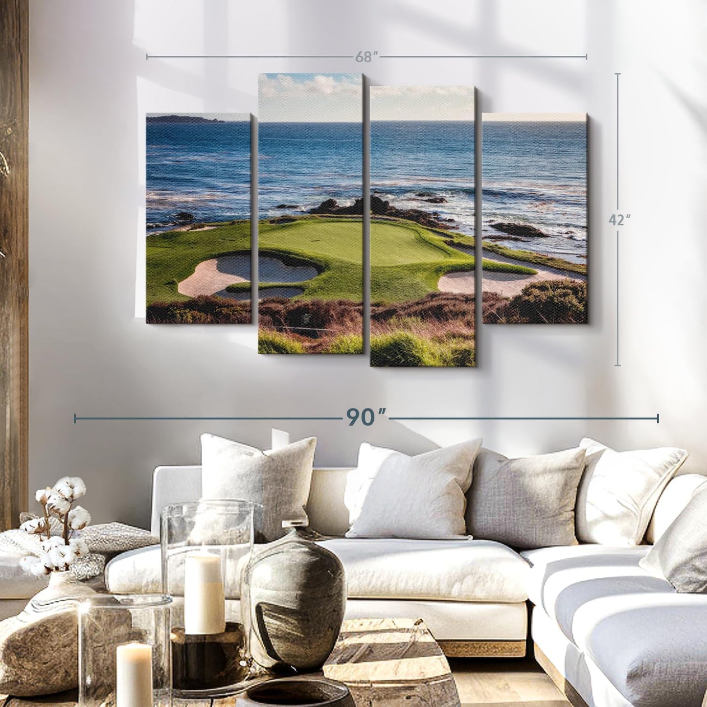 Elephant Stock California Coastline Golf Course Wall Art - Horizontal Canvas - 4-Piece Living Room Wall Decor - Photography Sports Canvas Print - Brown and Beige Decor for Wall - 68" X 42"