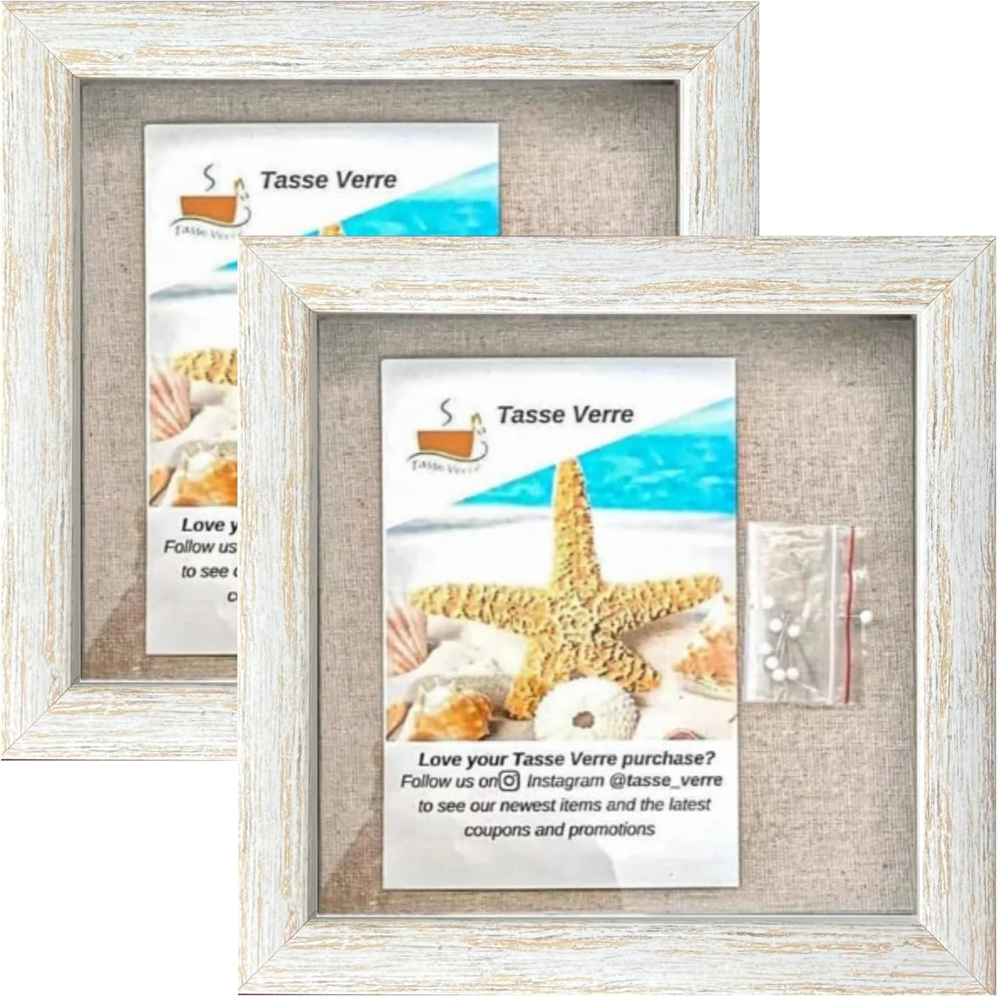 Tasse Verre 8x8 Rustic Display Shadow Box (2-Pack) Frame w/Linen Background and 16 Stick Pins - Ready to Hang Shadowbox Picture Frame - Box Display Baby Memorabilia Wedding