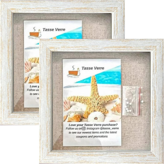 Tasse Verre 8x8 Rustic Display Shadow Box (2-Pack) Frame w/Linen Background and 16 Stick Pins - Ready to Hang Shadowbox Picture Frame - Box Display Baby Memorabilia Wedding