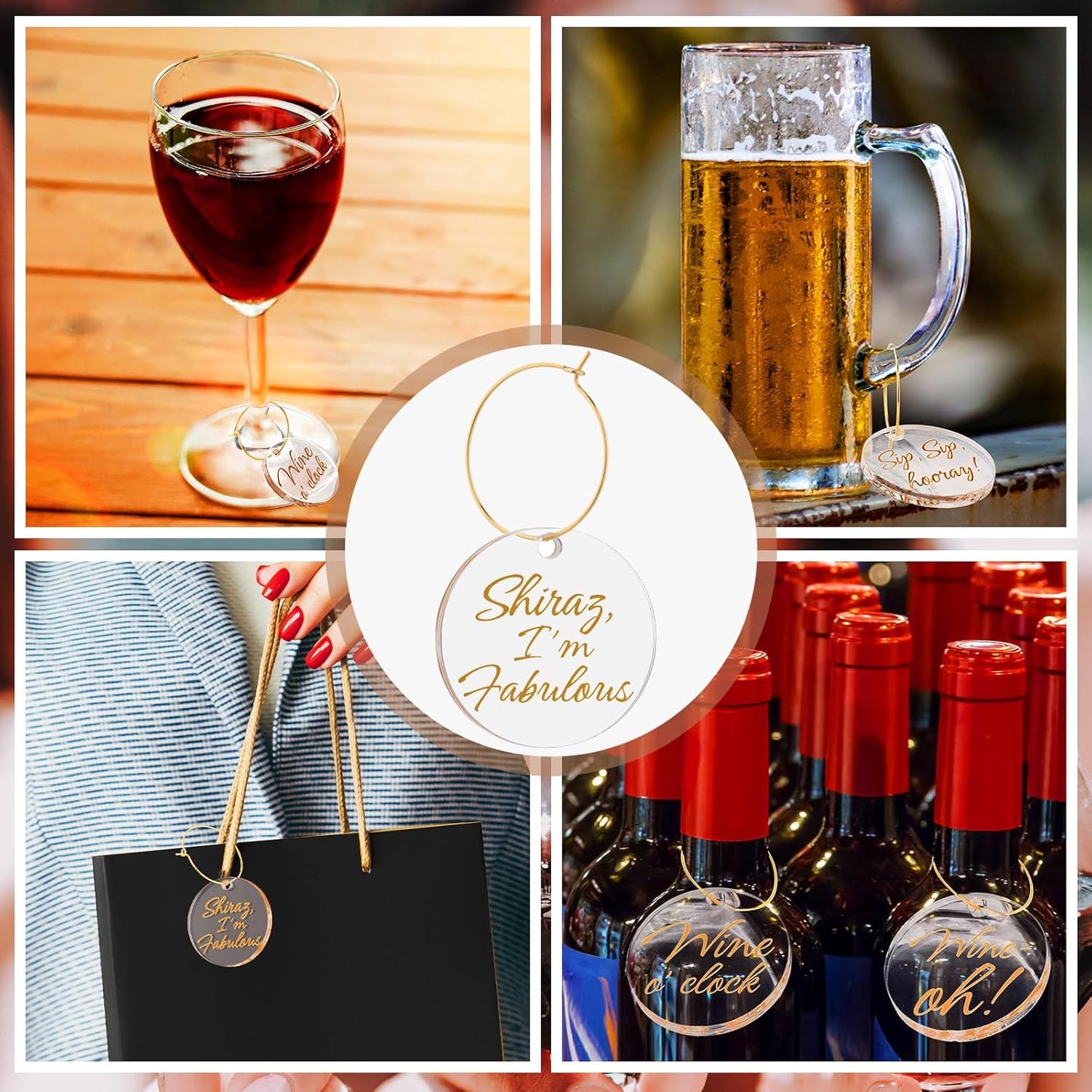 Weysat 24 Pcs Acrylic Thanksgiving Wine Glass Charms with Funny Quotes & Gold Text, Reusable Drink Identifiers Tags with Storage Bag for Birthday Parties Weddings Supplies