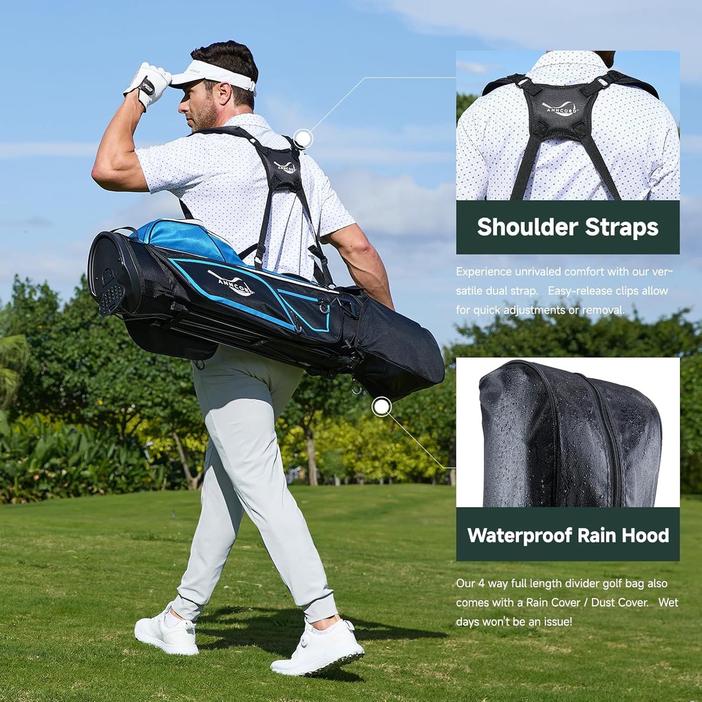 Golf Stand Bag with 4 Way Full Length Dividers, 4.4 Lbs Lightweight Golf Bag for Men Women, Waterproof Golf Carry Bags w/Stand, 7 Pockets & Cooler Pouch, Dual Straps, Rain Hood