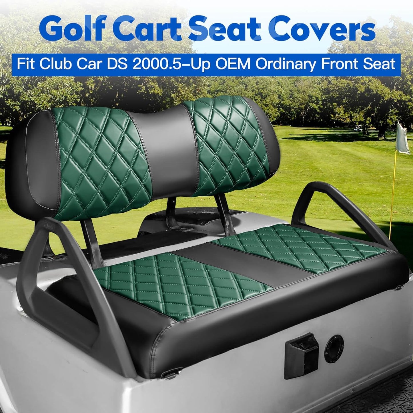 NOKINS 4PCS Golf Cart Diamond Seat Covers Kit, Front and Rear Seat Covers Fits Club Car DS 2000.5-Up Standard Seat Cushion, Club Car DS Vinyl Seat Covers Accessories (Dark Green and Black)