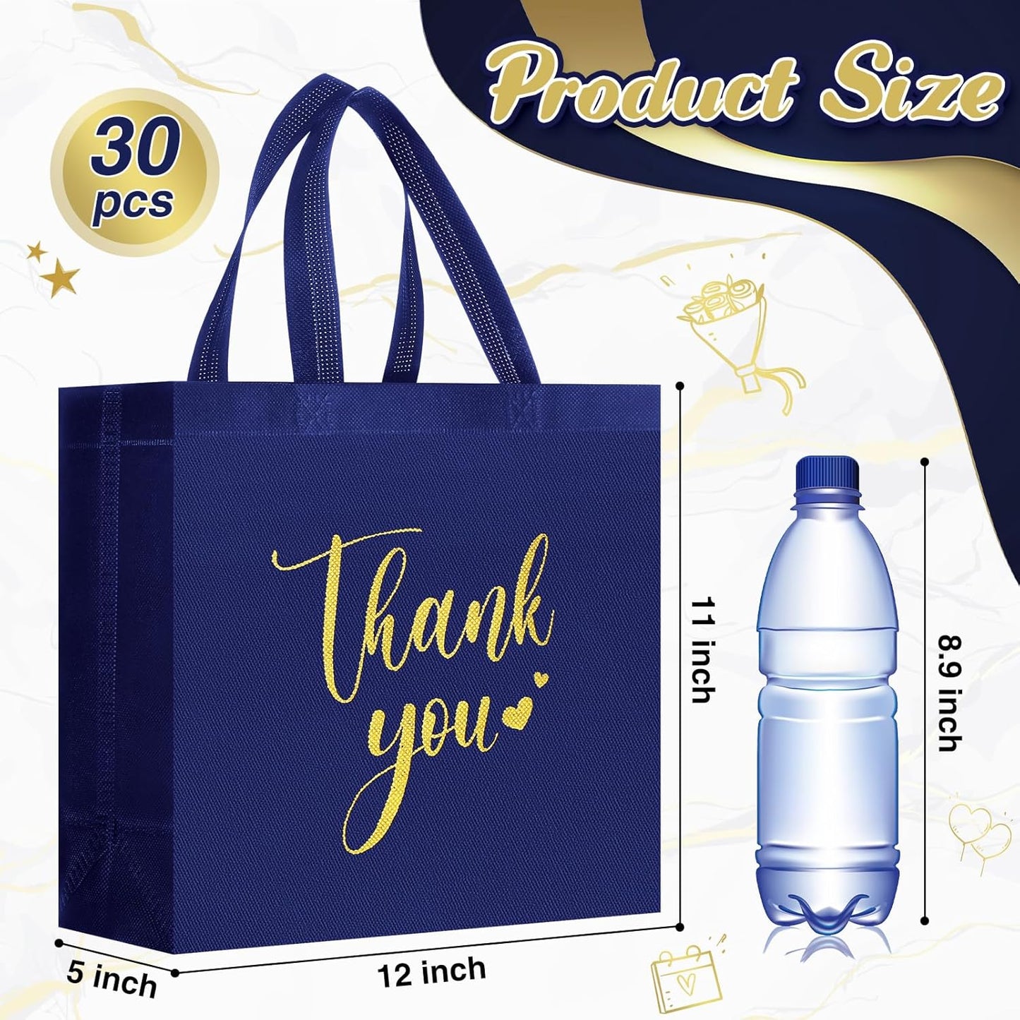 Sweetude 30 Pcs Thank You Gift Bags with Handles Bulk Reusable Goodie Bag Non Woven Foldable Handbag for Graduation Wedding Bridesmaid Gifts(11 x 12 x 5 Inch, Navy Blue)