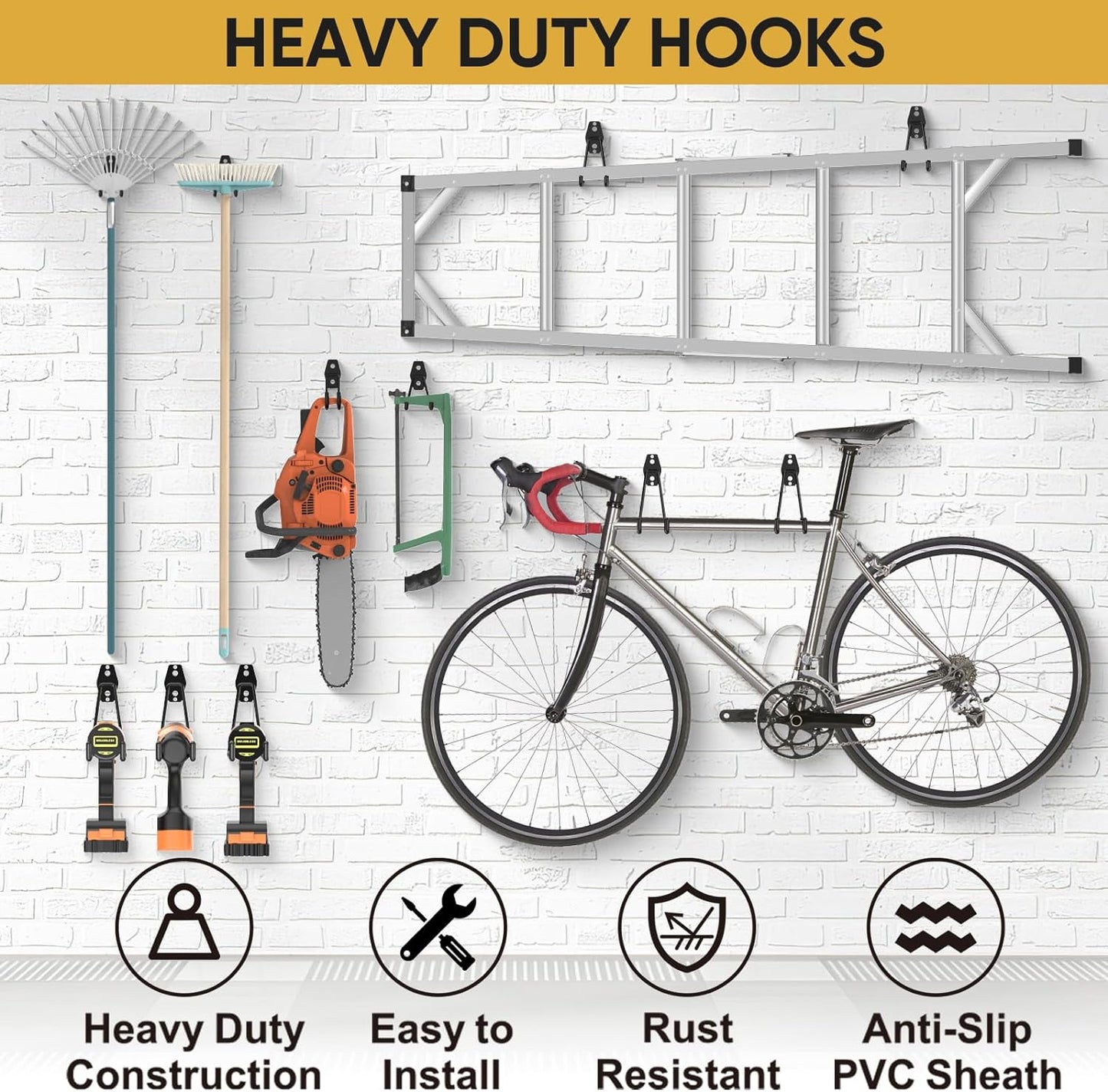 TICONN 2 Pack Heavy Duty Garage Hooks, Steel Utility Wall Storage Hooks, Wall Mount Hanger Organizer for Ladders, Bikes, Tools, Bulky Items (Small, Yellow Square)