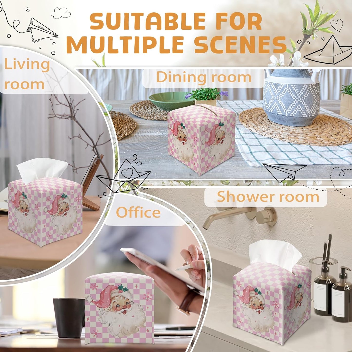 Merry Christmas Tissue Box Holder, Santa Claus Pink Checkered Leather Tissue Box Cover Square, Paper Facial Decorative Tissues Cover for Night Stands Bathroom Office Home Decor-B09