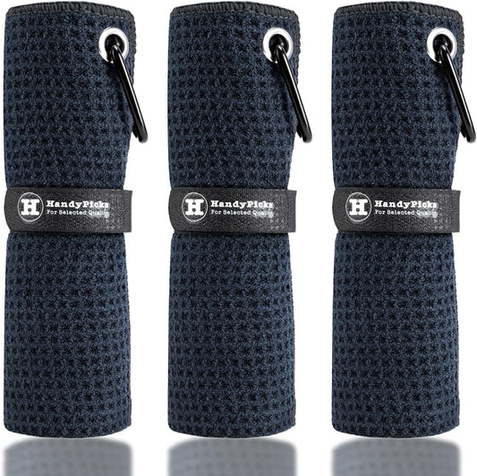 Handy Picks Microfiber Golf Towel (16" X 16") with Carabiner Clip, Waffle Pattern Golf Towel Hook and Loop Fastener - The Convenient Golf Cleaning Towel