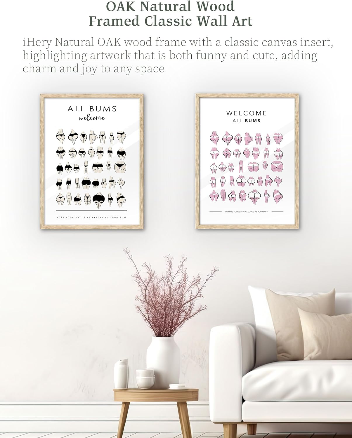 iHery Natural OAK Walnut Color Wood Nice Bum Framed Wall Art, 12x16in All Bums Are Welcome Pink Nice Butt Bathroom Wall Art, Canvas Funny Cute Bathroom Sign Wall Decor For Toilet Set of 1 Gift