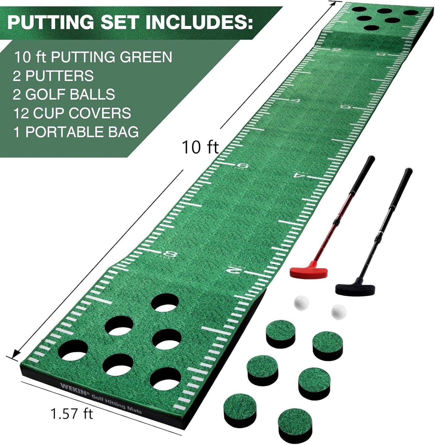 Wekin Indoor Putting Green Mat with 2 Putters, 2 Balls,12 Hole Covers, Golf Training Mat for Party Game, Great Gifts for Men