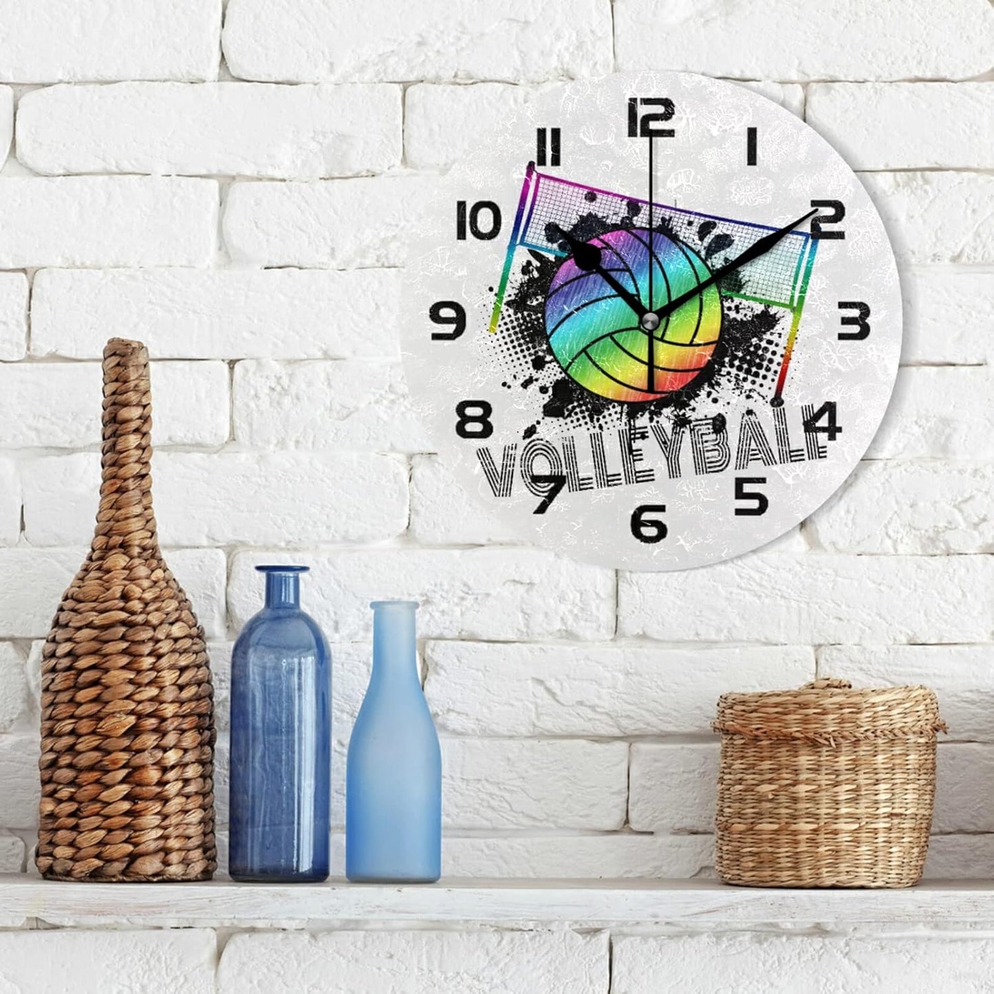 Sport Rainbow Volleyball Wall Clock Silent Non-Ticking,Volleyball 9.5 Inch Round Wall Clock Battery Operated Clock Decor for Boys Room Home Wall Bathroom Kitchen Bedroom Living Room Office Classroom