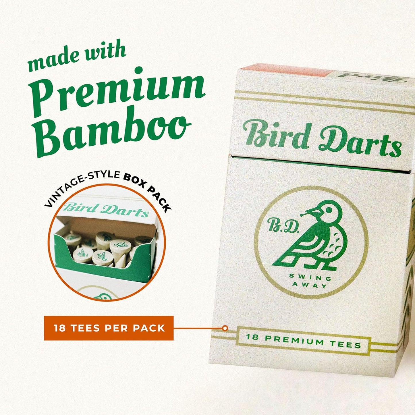 Premium Bamboo Wood Golf Tees, 18/72/180 Units (Packs of 18), 2 ¾ Golf Tees in Cigarette-Style Packaging, Durable, Biodegradable, Golf Tees Wood for Stylish Golfers