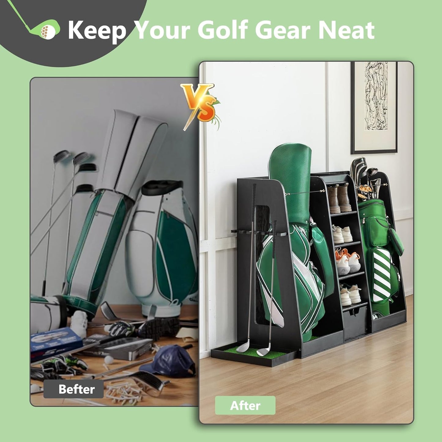 Golf Bag Organizer Storage Rack Large Wooden for 2 Bags, Golf Club Stand Holder with Drawer, Sports Equipment Rack for Garage, Practice Room, Home or Office