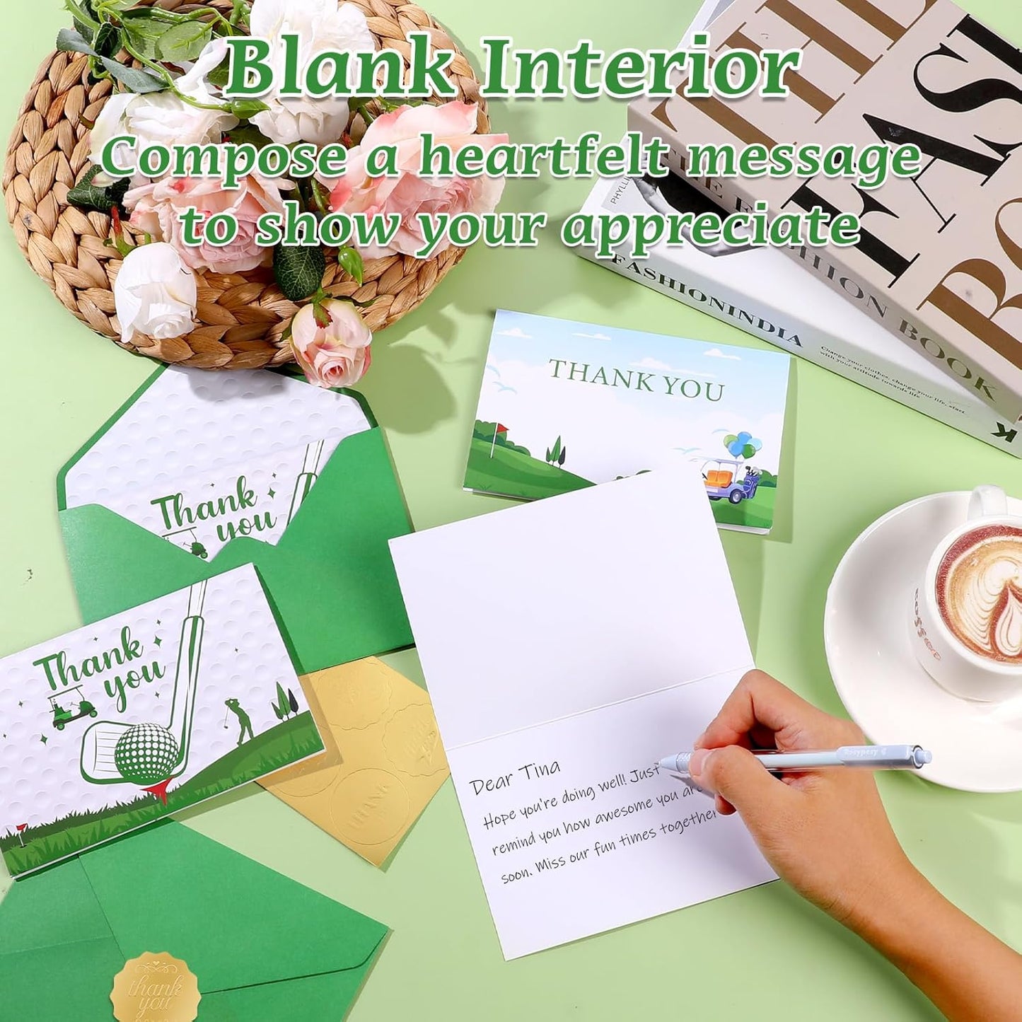 NEWEST 24 Pieces Golf Thank You Cards, 2 Design Golf Greeting Card with Envelopes & Stickers Green White Golf Blank Note Cards for Sports Theme Birthday Baby Shower Retirement Party Favors