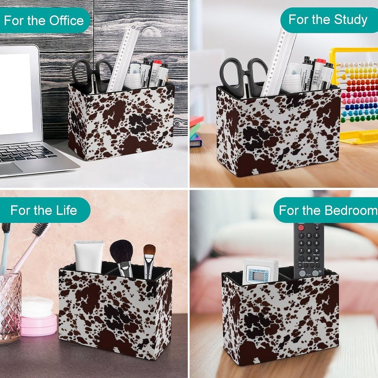 Pen Holder, Pencil Holder for Desk Organizer, Cow Print Brown Spots PU Leather Pencil Cups Desktop Stationery Storage Makeup Brush Holder Pen Organizer for Office Home