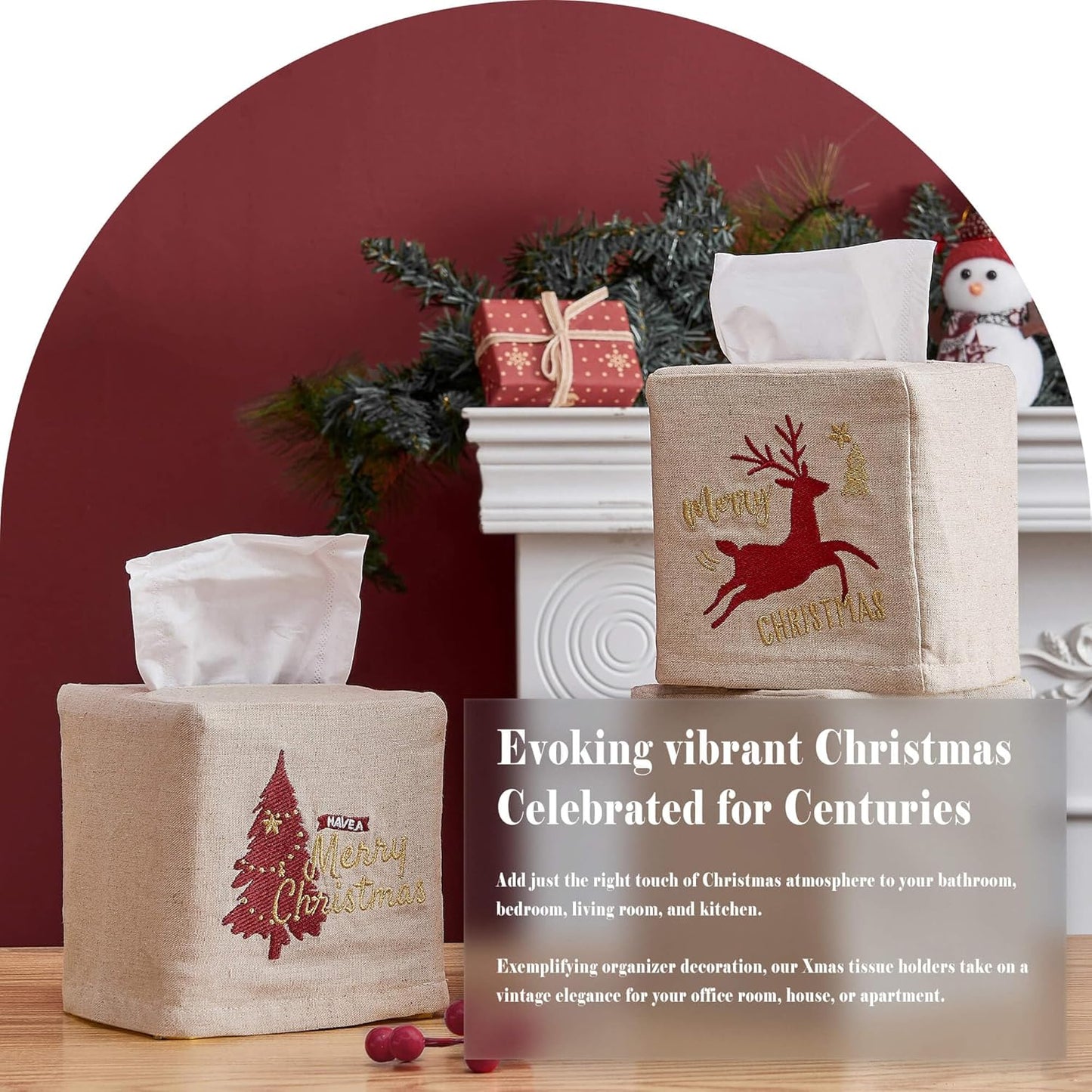 Christmas Linen Tissue Box Cover - Square Embroidered Gifts Boho Cube Holder for Bathroom Rectangle Cover Set Merry Xmas